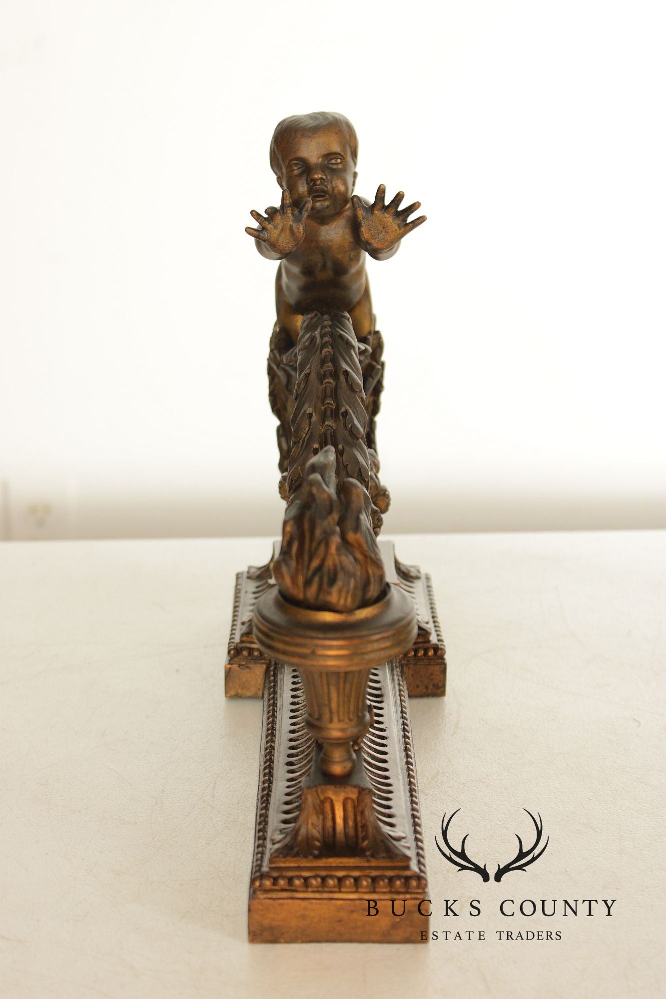 French Louis XV Style Antique Bronze Pair of Cherub Andirons