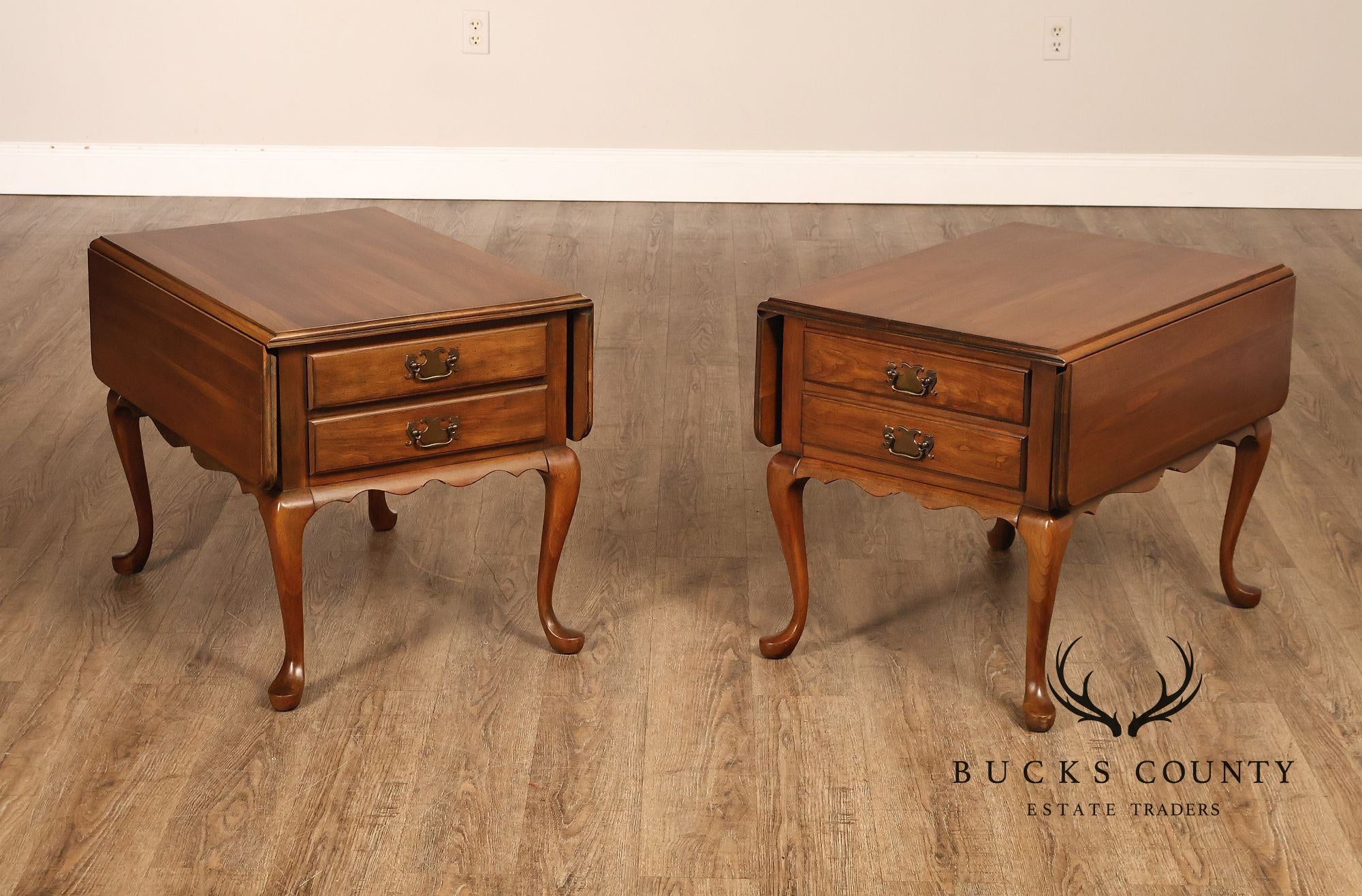 Pennsylvania House Vintage Pair Of Queen Anne Style Cherry Drop Leaf Two-Drawer End Tables