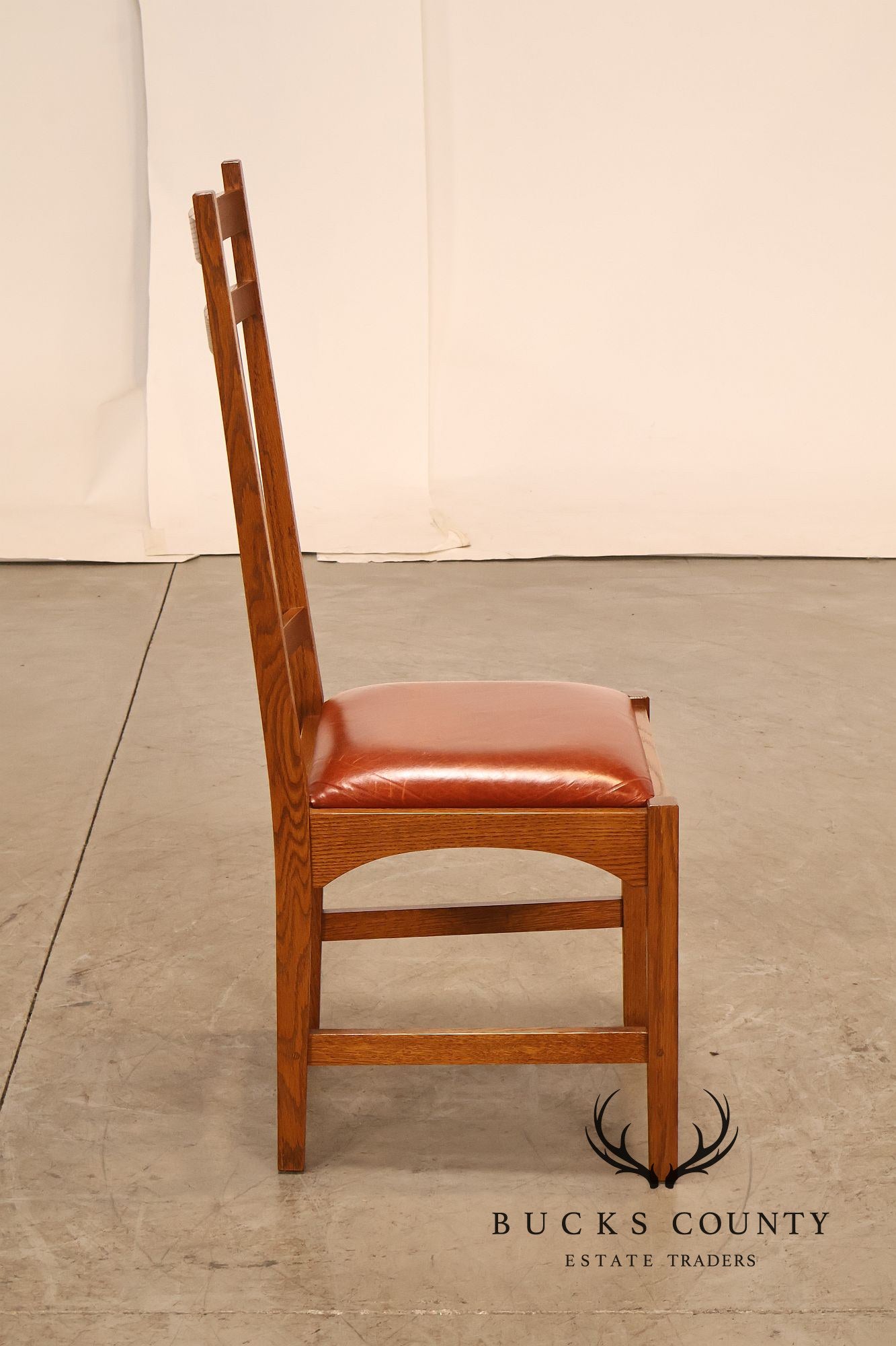 Stickley Harvey Ellis Set of Four Inlaid Oak and Leather Dining Chairs