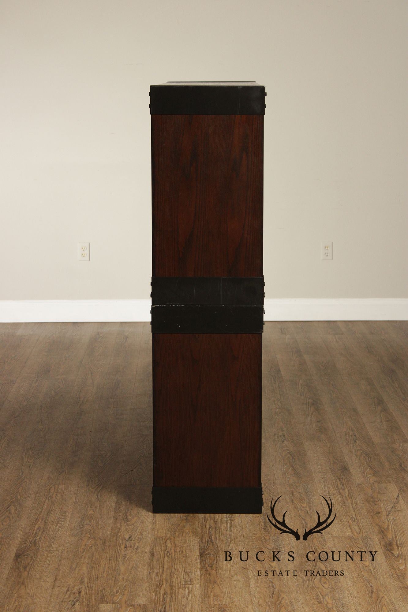 Contemporary Pair Of Open Display Bookcases In Dark Wood