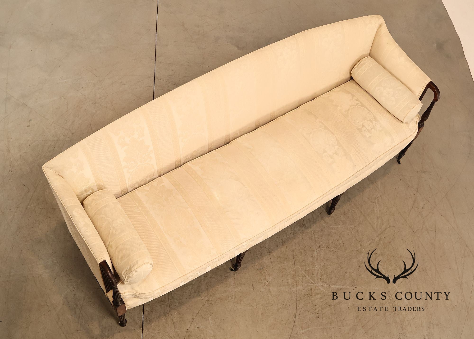 Antique Sheraton Style Mahogany Camelback Upholstered Sofa