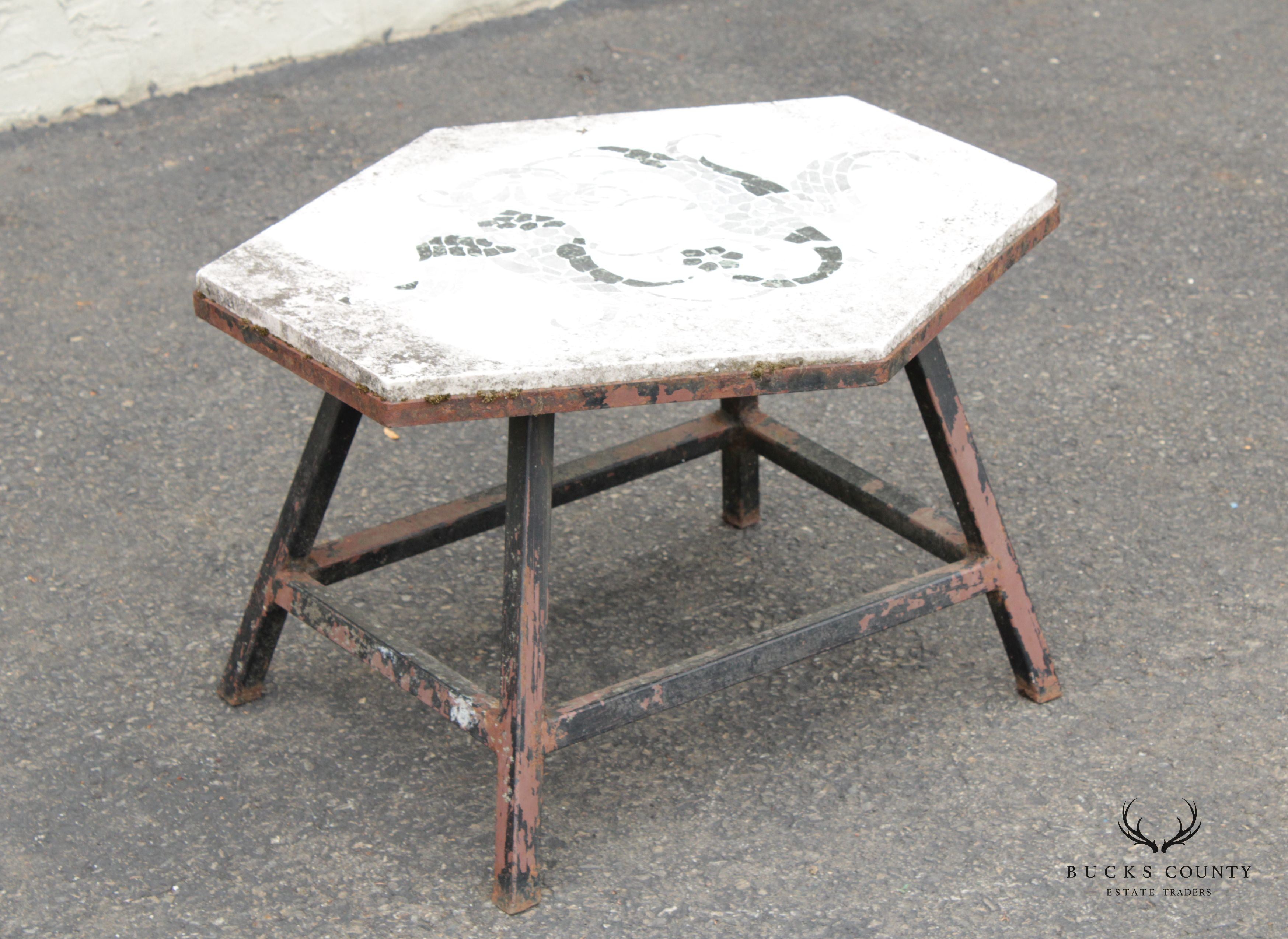 Vintage Iron and Mosaic Stone Outdoor Garden Side Table