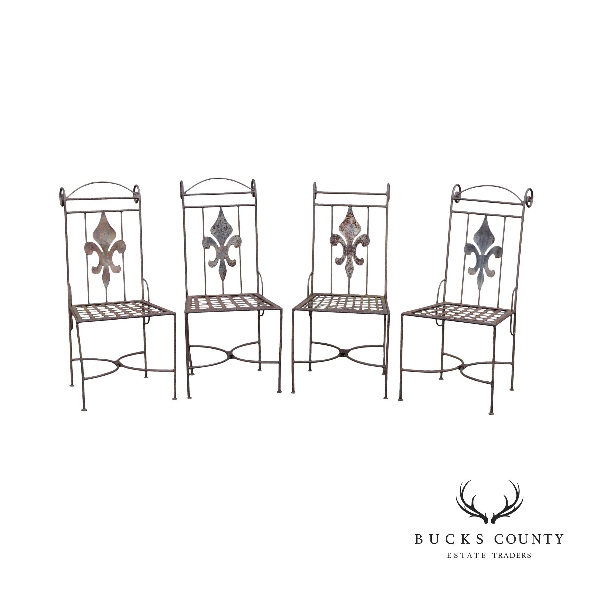 French Style Vintage Set of Four Wrought Iron Garden Side Dining Chairs