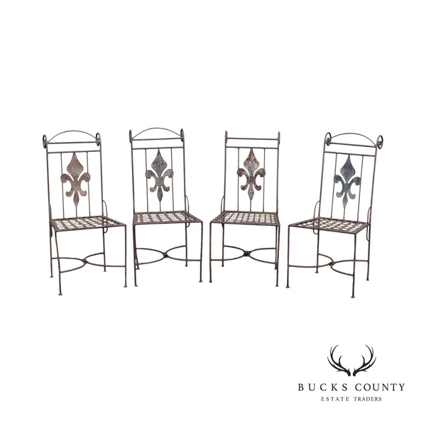 French Style Vintage Set of Four Wrought Iron Garden Side Dining Chairs