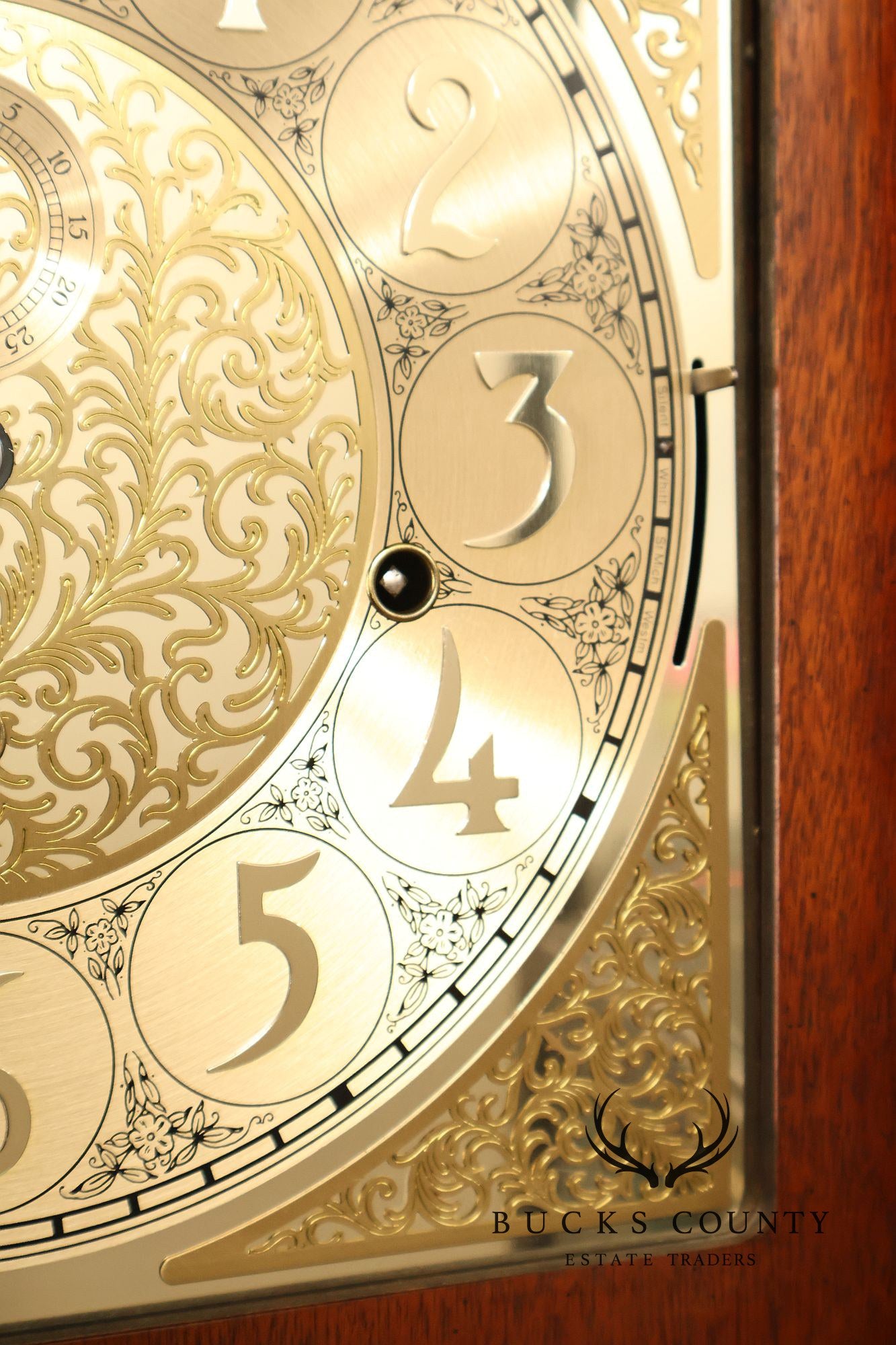 Howard Miller Mahogany Grandfather Clock With Brass Dial And Weights