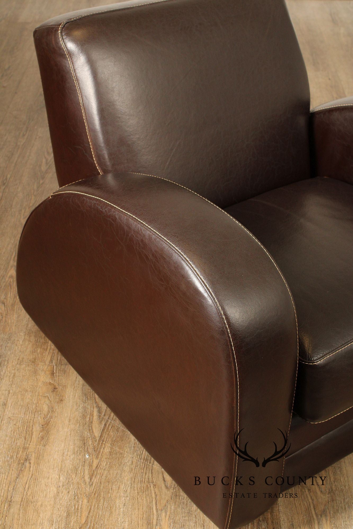 Legacy Art Deco Style Pair of Leather Lounge Chairs with Ottomans