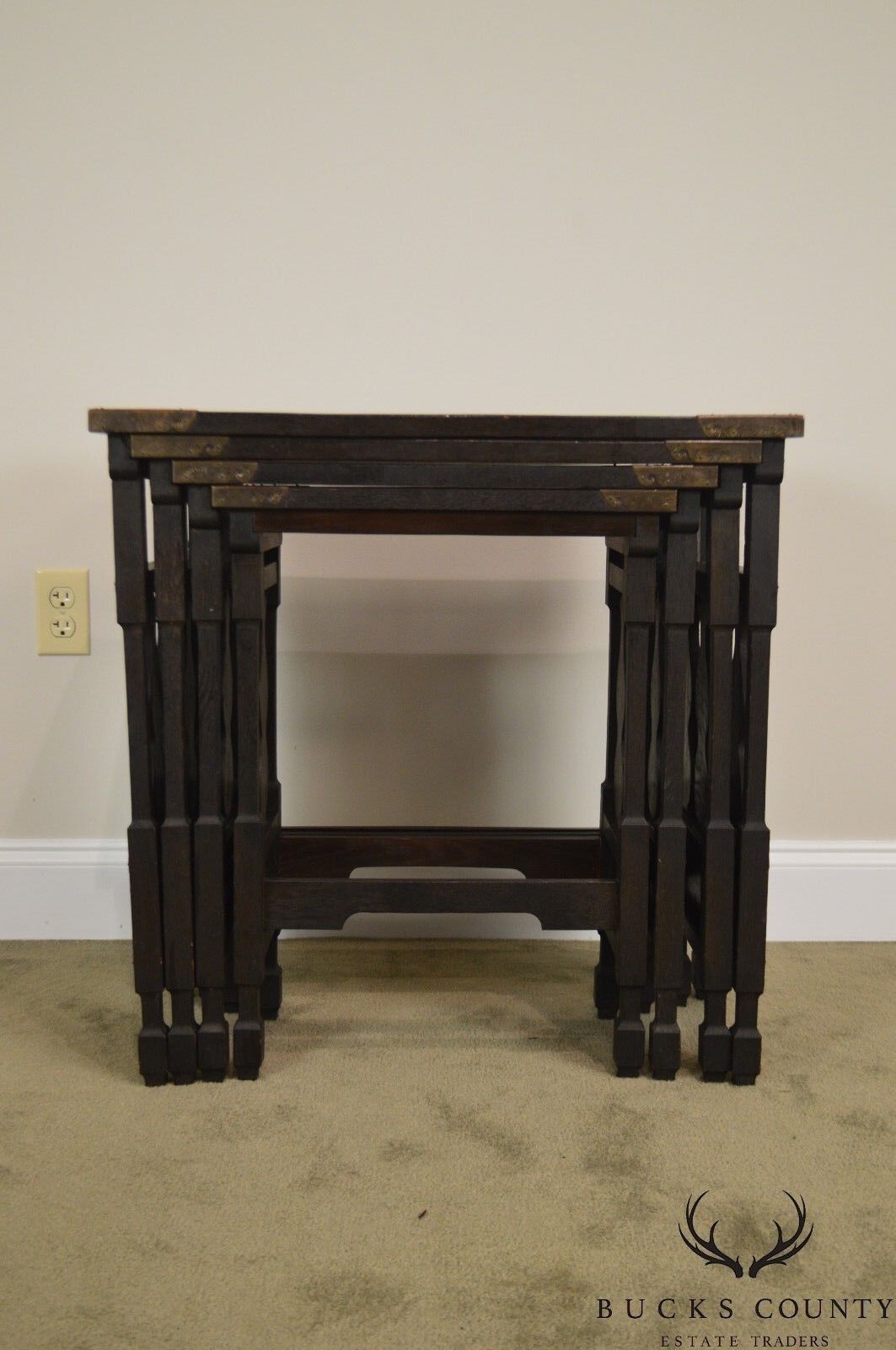 Arts & Crafts Antique Oak Asian Inspired Nesting Tables