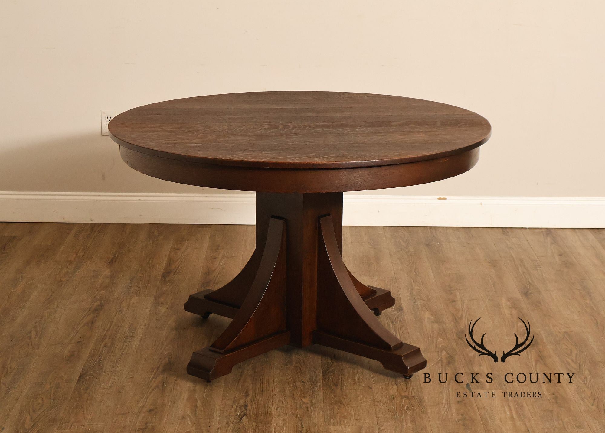 Antique Stickley Brothers 48" Round Oak Dining Table w/2 leaves