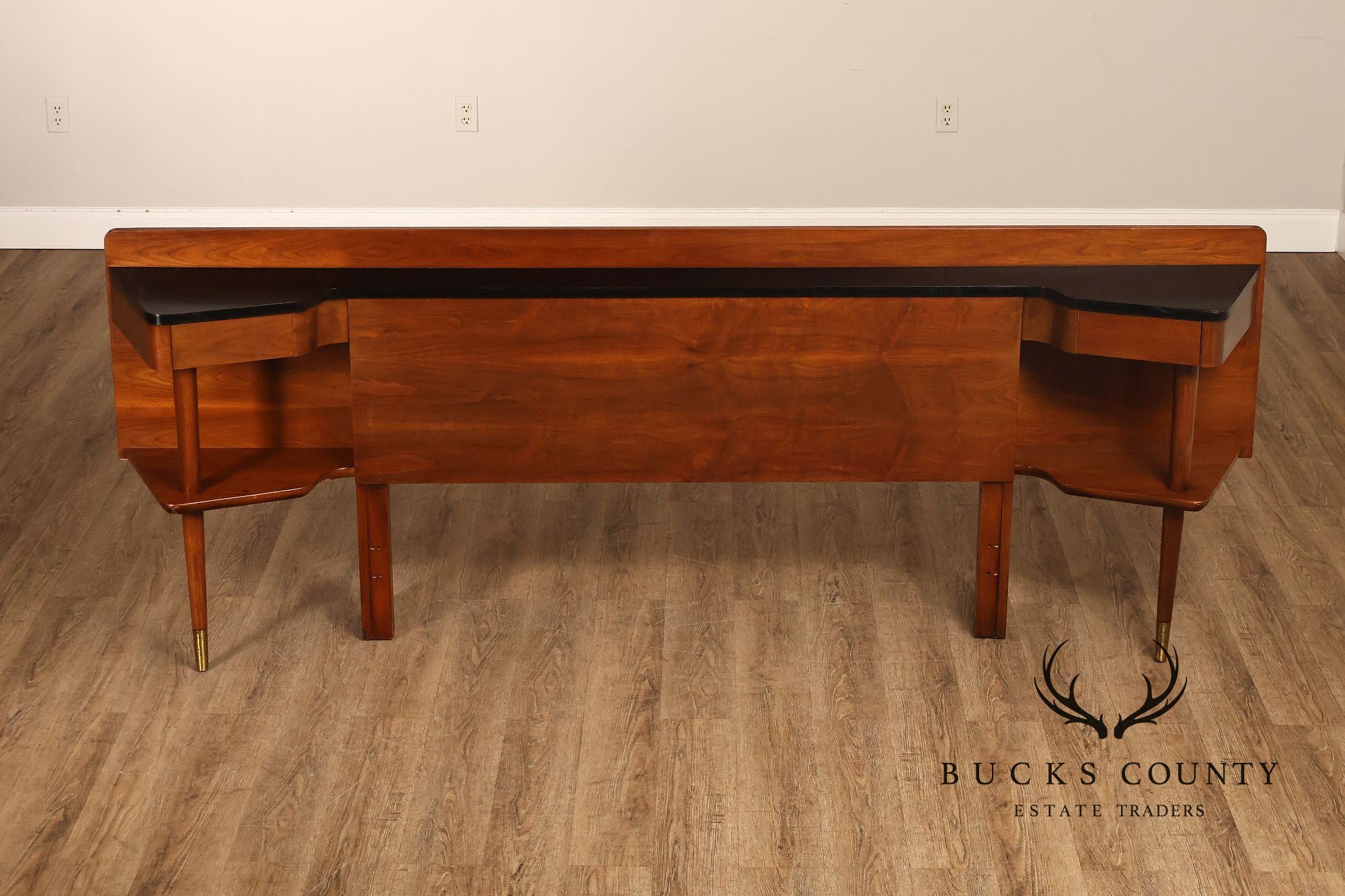 American Of Martinsville Mid-Century Modern Walnut Headboard With Black Laminate Top And Brass Feet- Full Size