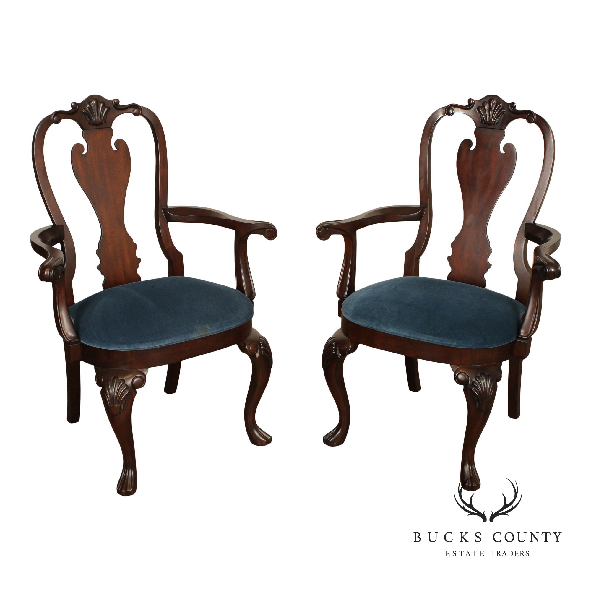 Ethan Allen Queen Anne Style Pair of Carved Mahogany Armchairs