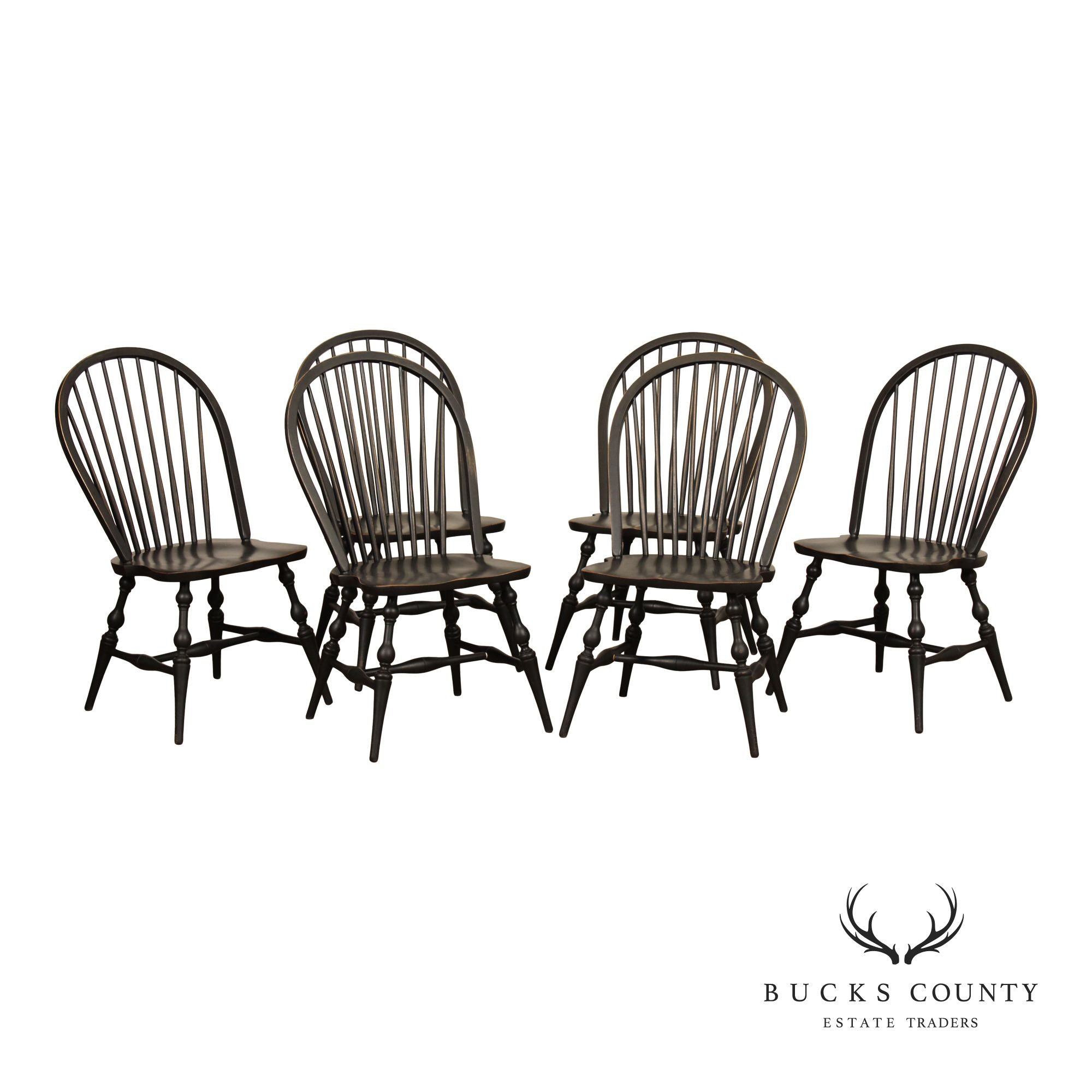 Farmhouse Style Set of Six Ebonized Windsor Dining Chairs