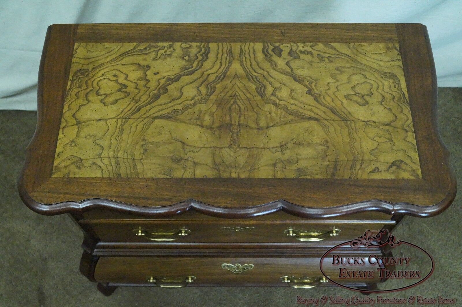 Baker Furniture Small Burl Wood & Walnut Bombe Chest