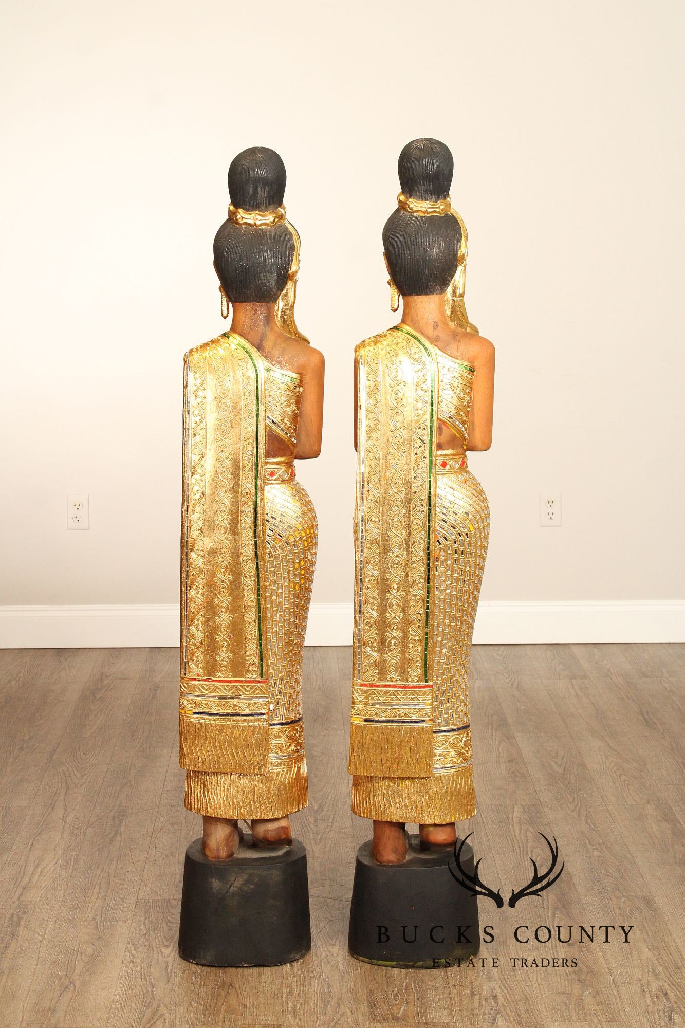 Thai Style Pair of 'Sawasdee' Carved Lady Statues