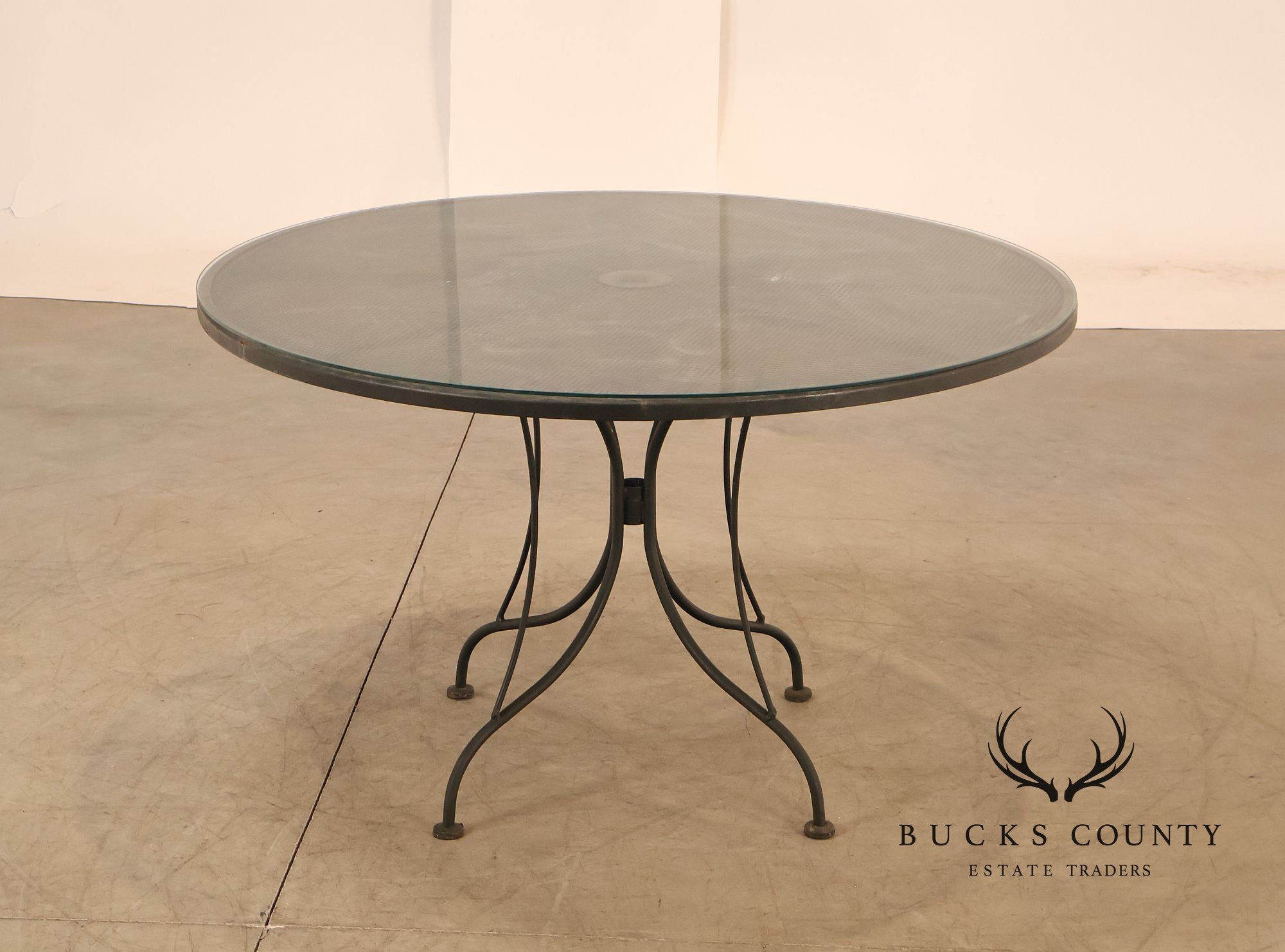 Vintage Round Glass Top Wrought Iron Outdoor Patio Dining Table