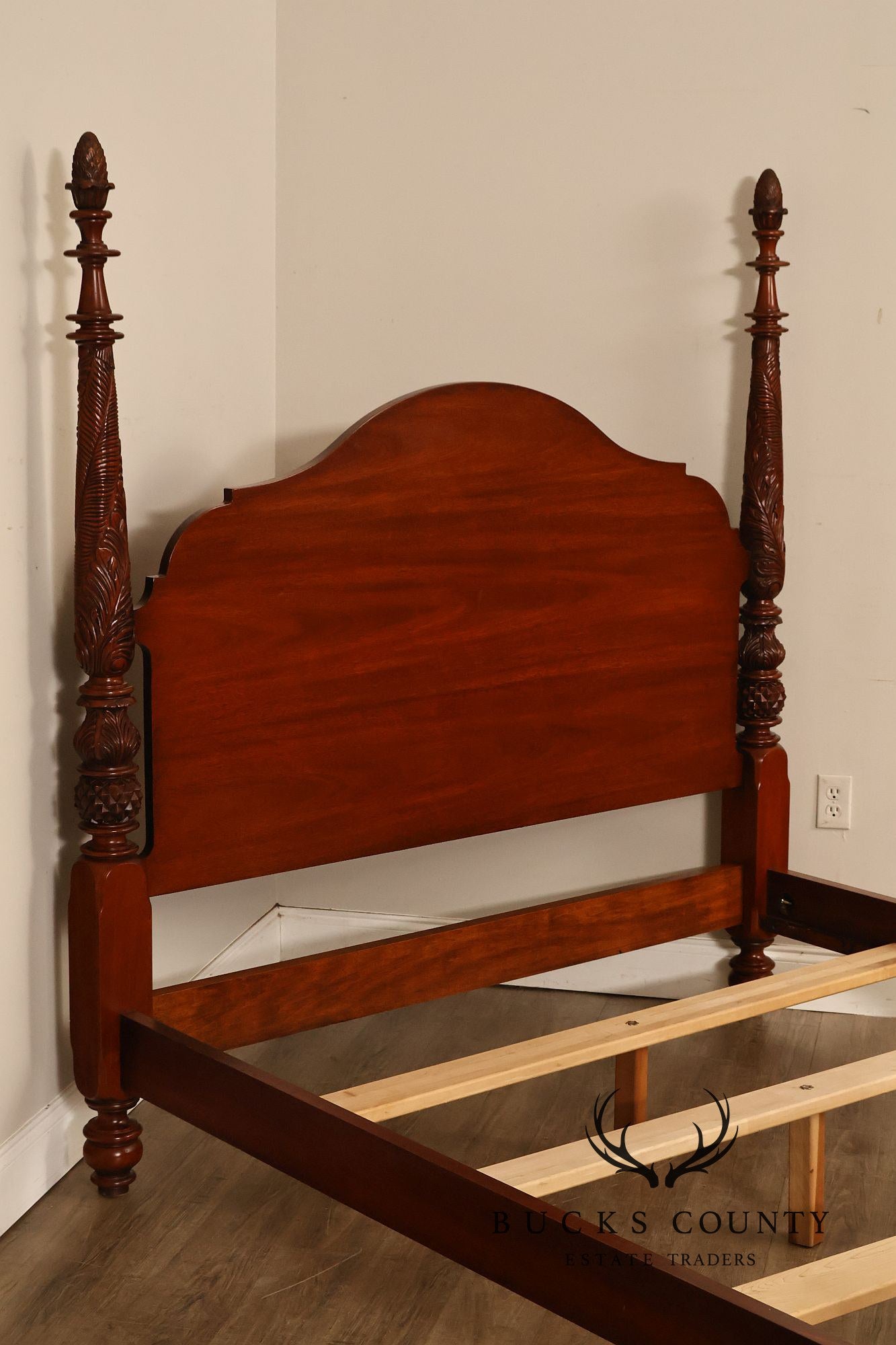 Carved Mahogany Four-Poster Queen Bed Frame