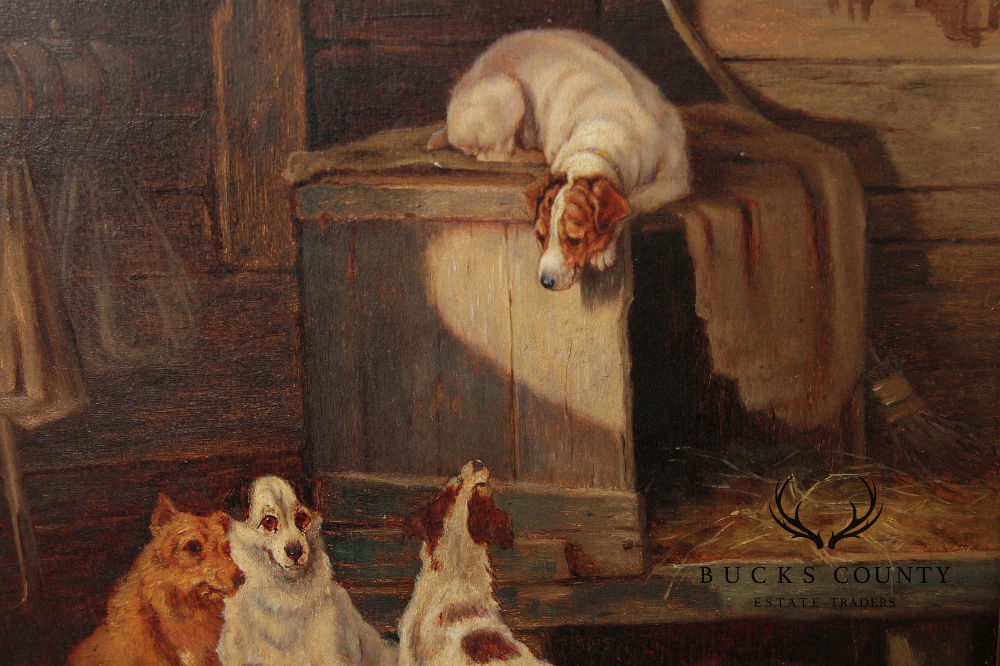 English School Painting on Board, Farm Dogs