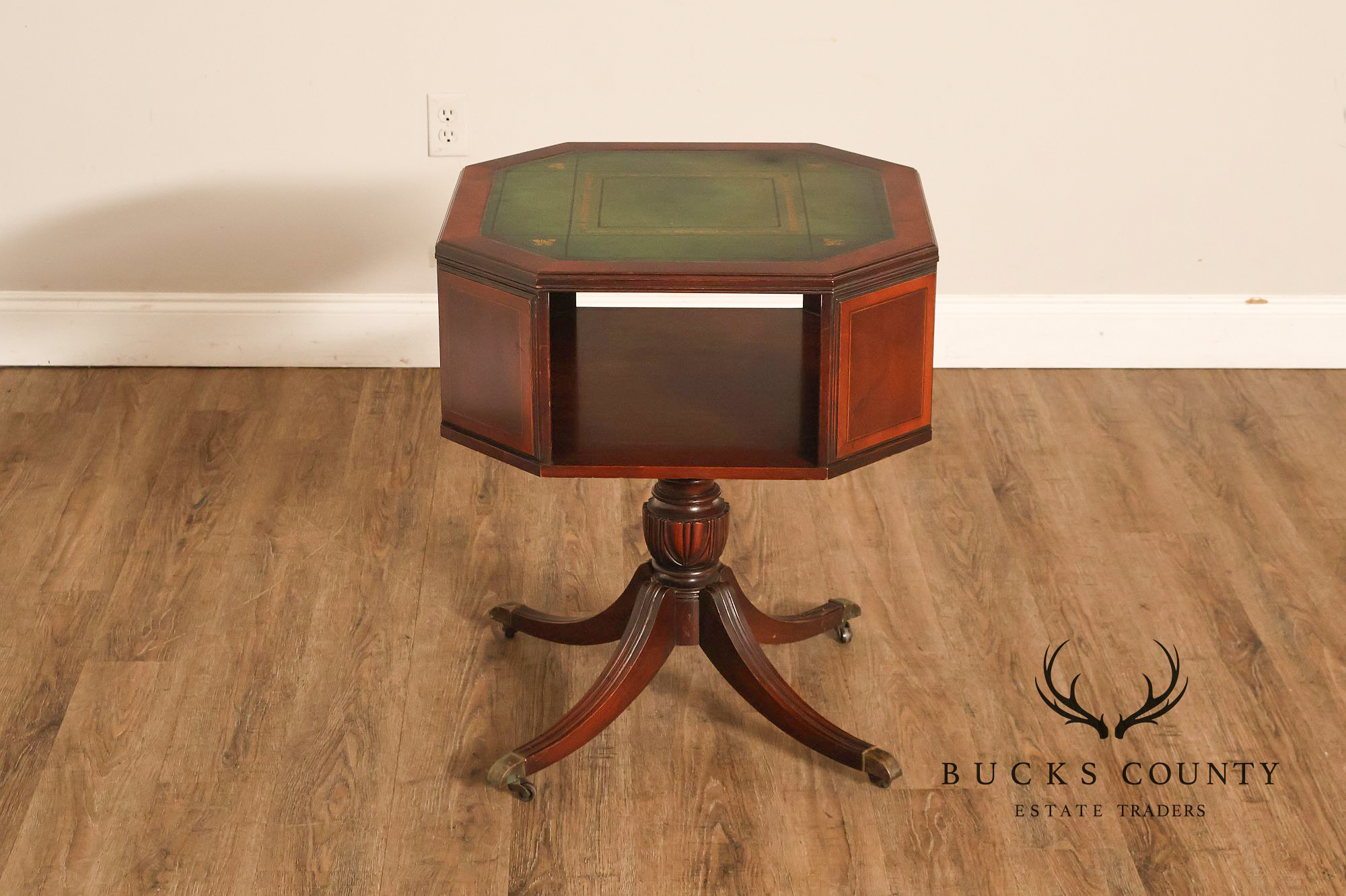 1940's Vintage Pair of Regency Style Mahogany Green Leather Top Pedestal Side Tables