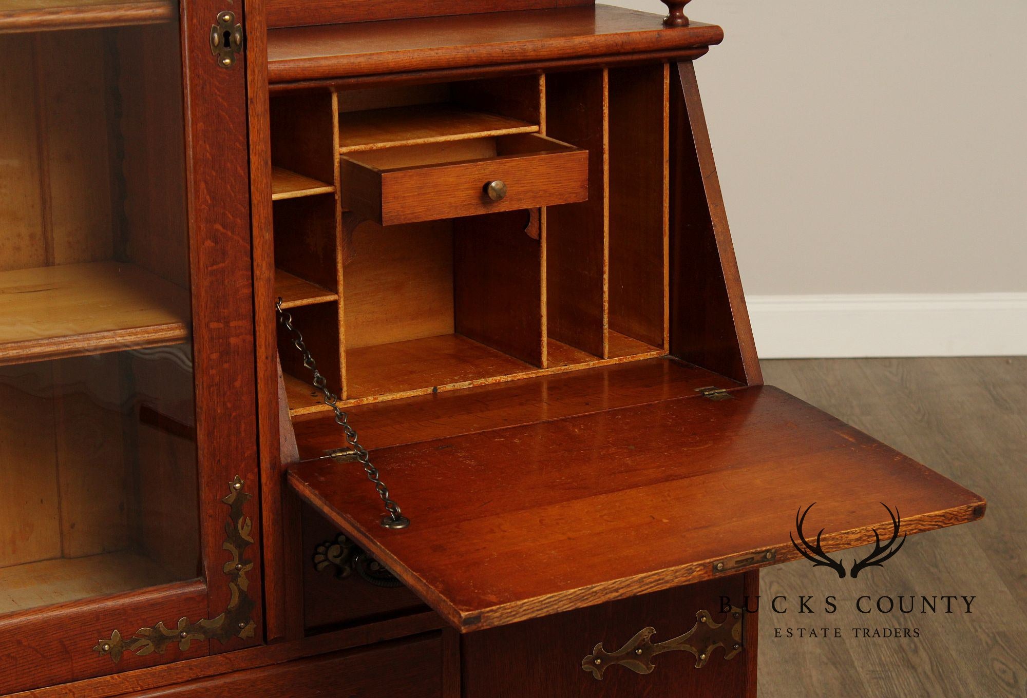 Antique Victorian Carved Oak Side-by-Side Secretary Desk Bookcase