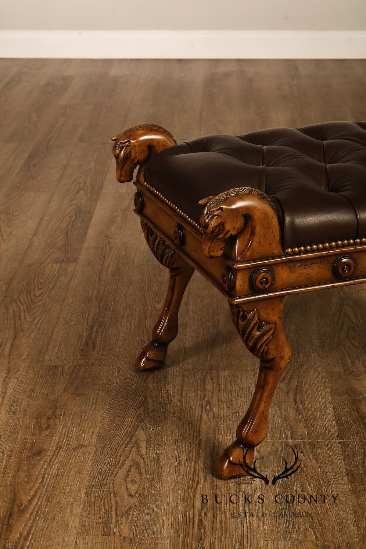 Theodore Alexander Regency Style Carved Horse Head Leather Bench