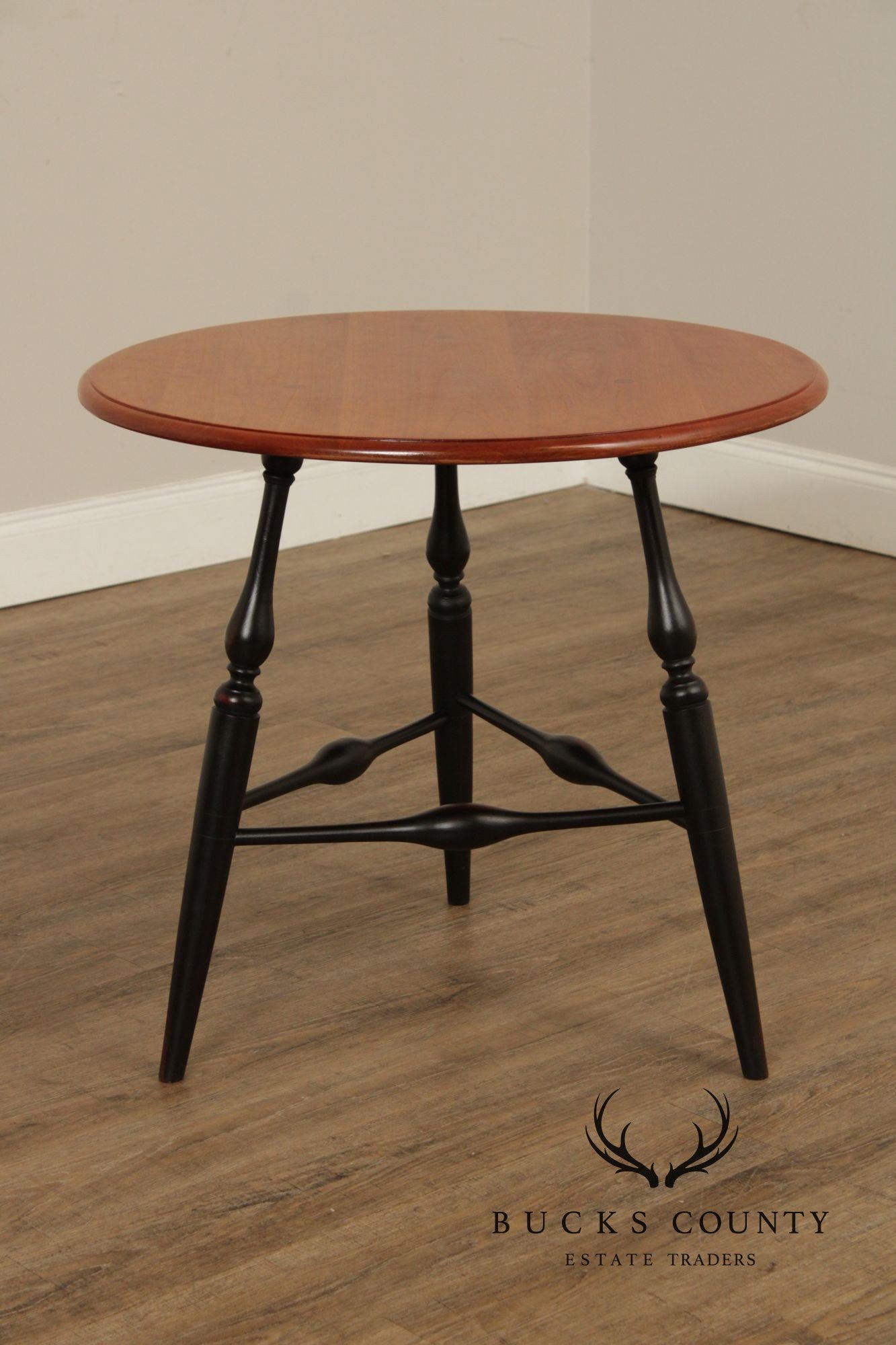 Custom Crafted Windsor Style Round Cherry and Ebonized Maple Side Table