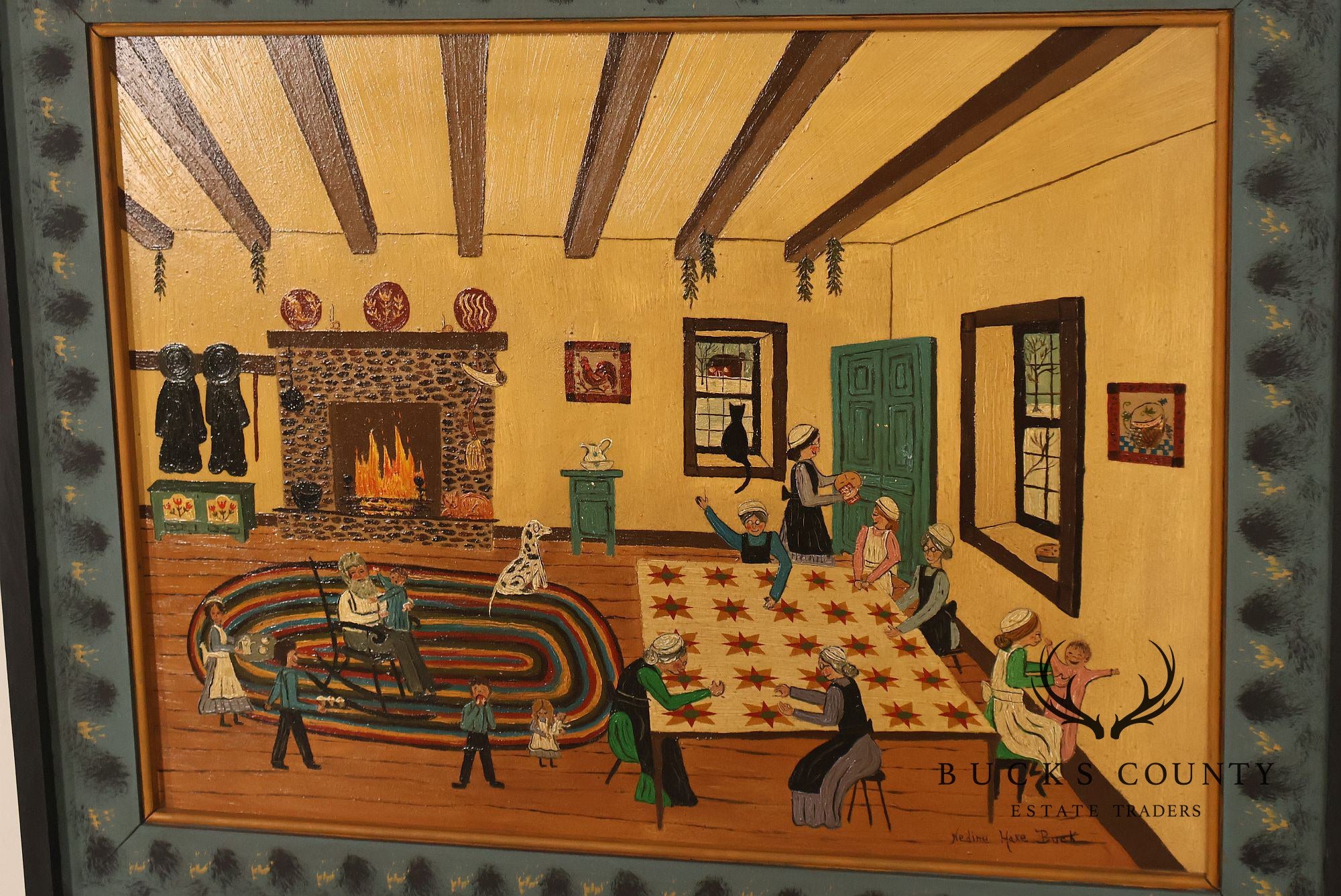 Nadine Hake Buck Folk Art Painting, Home Scene