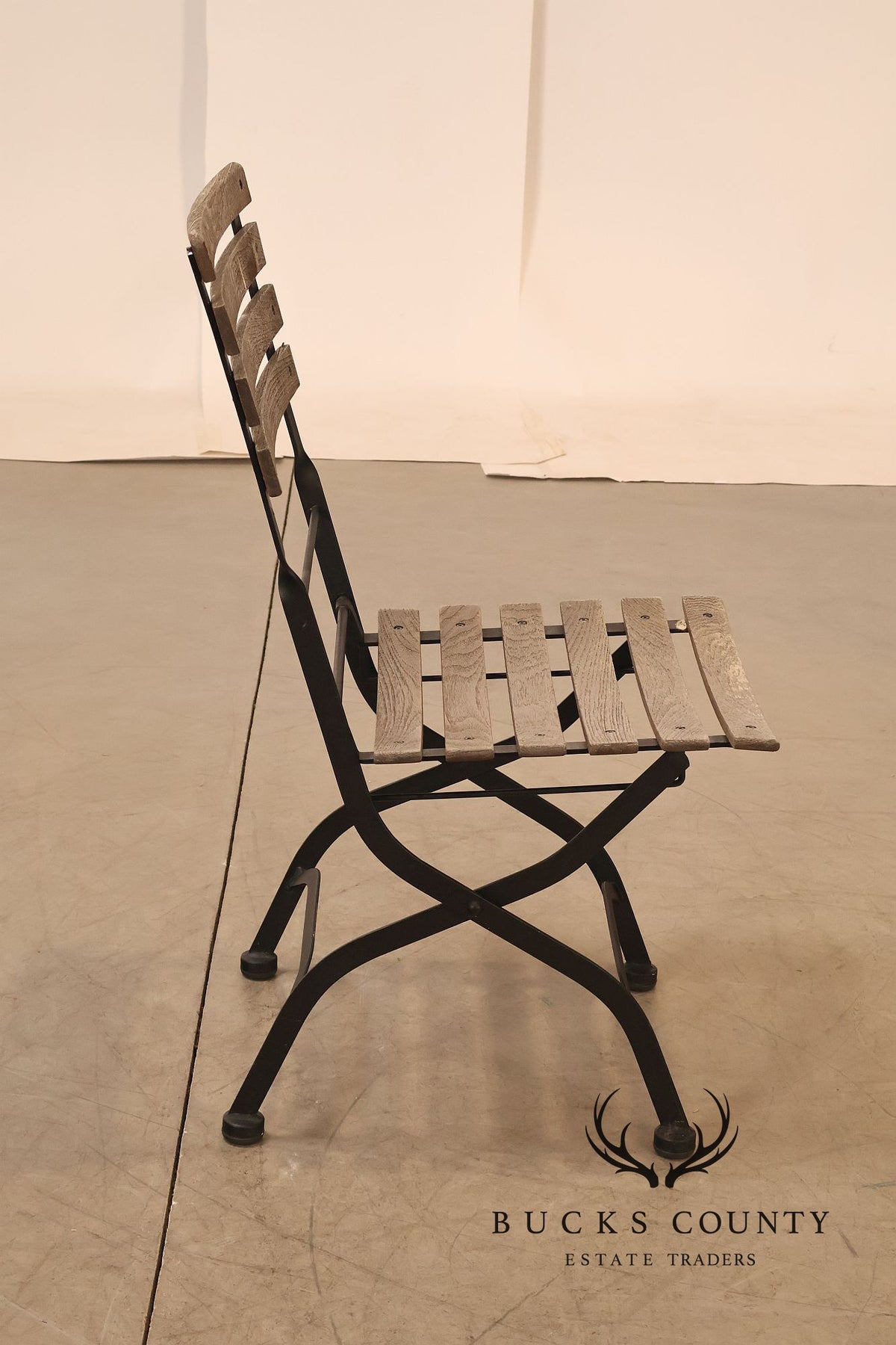 French Style Set of Four Teak and Wrought Iron Bistro Chairs