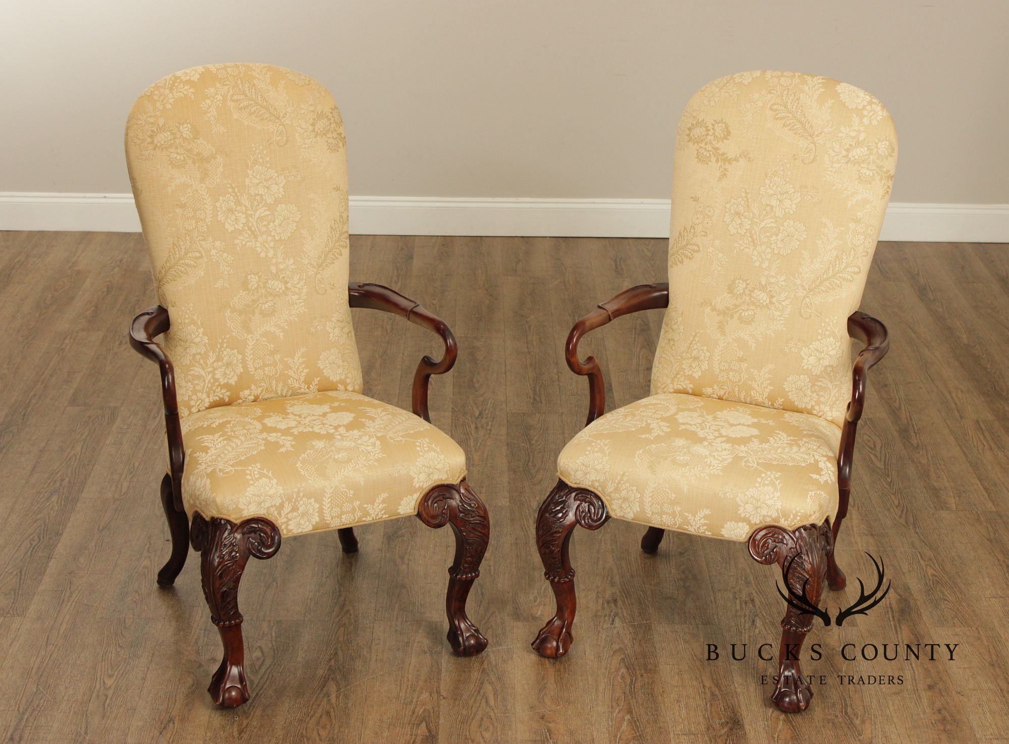 Century Furniture Pair Of Chippendale Style Carved Mahogany Upholstered Armchairs