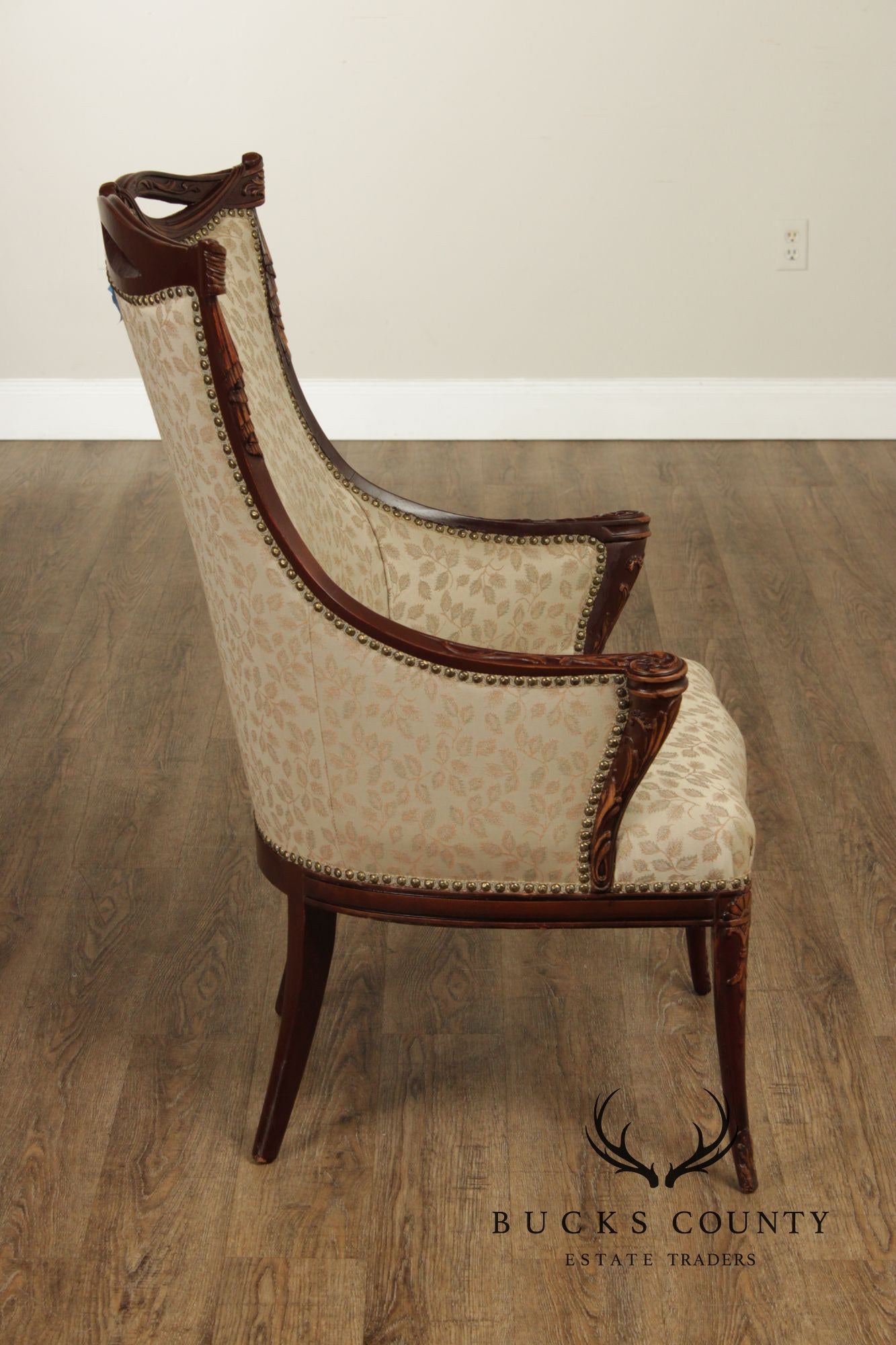 1930's French Louis XVI Style Carved Mahogany Fireside Bergere Chair