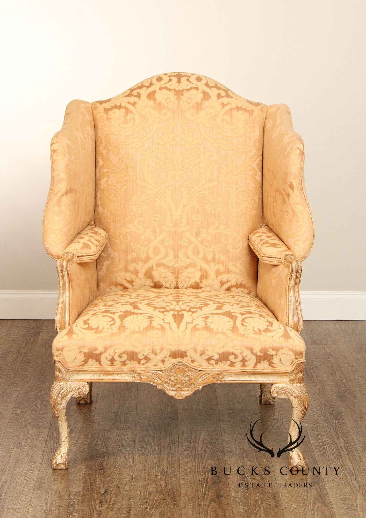 Georgian Style Antiqued Wingback Armchair and Ottoman