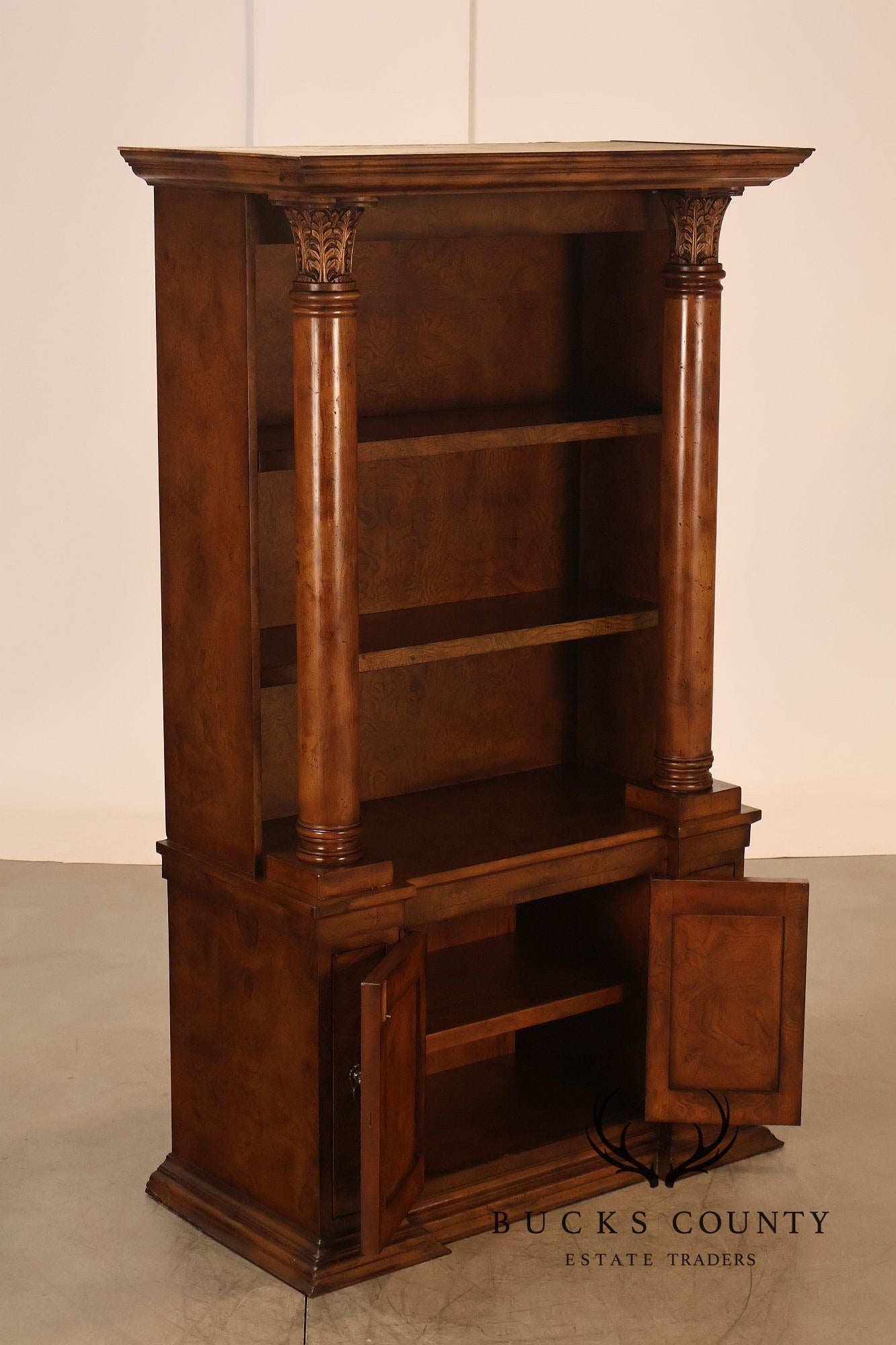 Large Classical Style Burl Wood Open Bookcase With Corinthian Columns