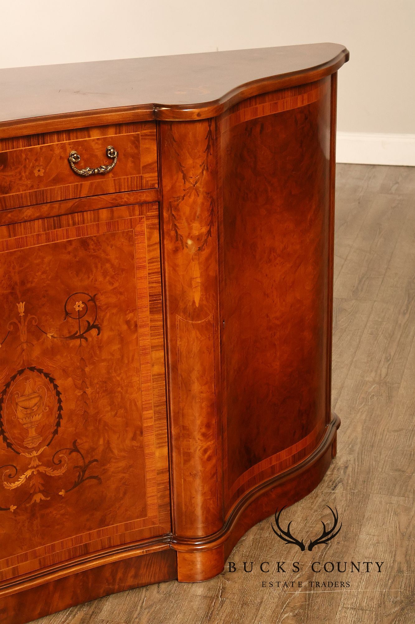 Italian Neoclassical Style Burl Wood Marquetry Inlaid Serpentine Sideboard