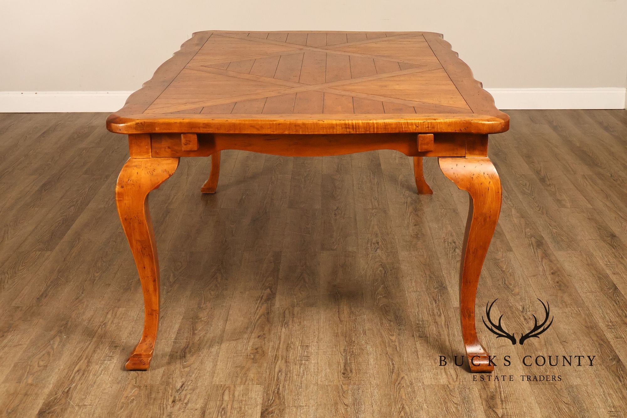 French Provincial Style Parquetry Top Dining Table with Scalloped Apron and Cabriole Legs