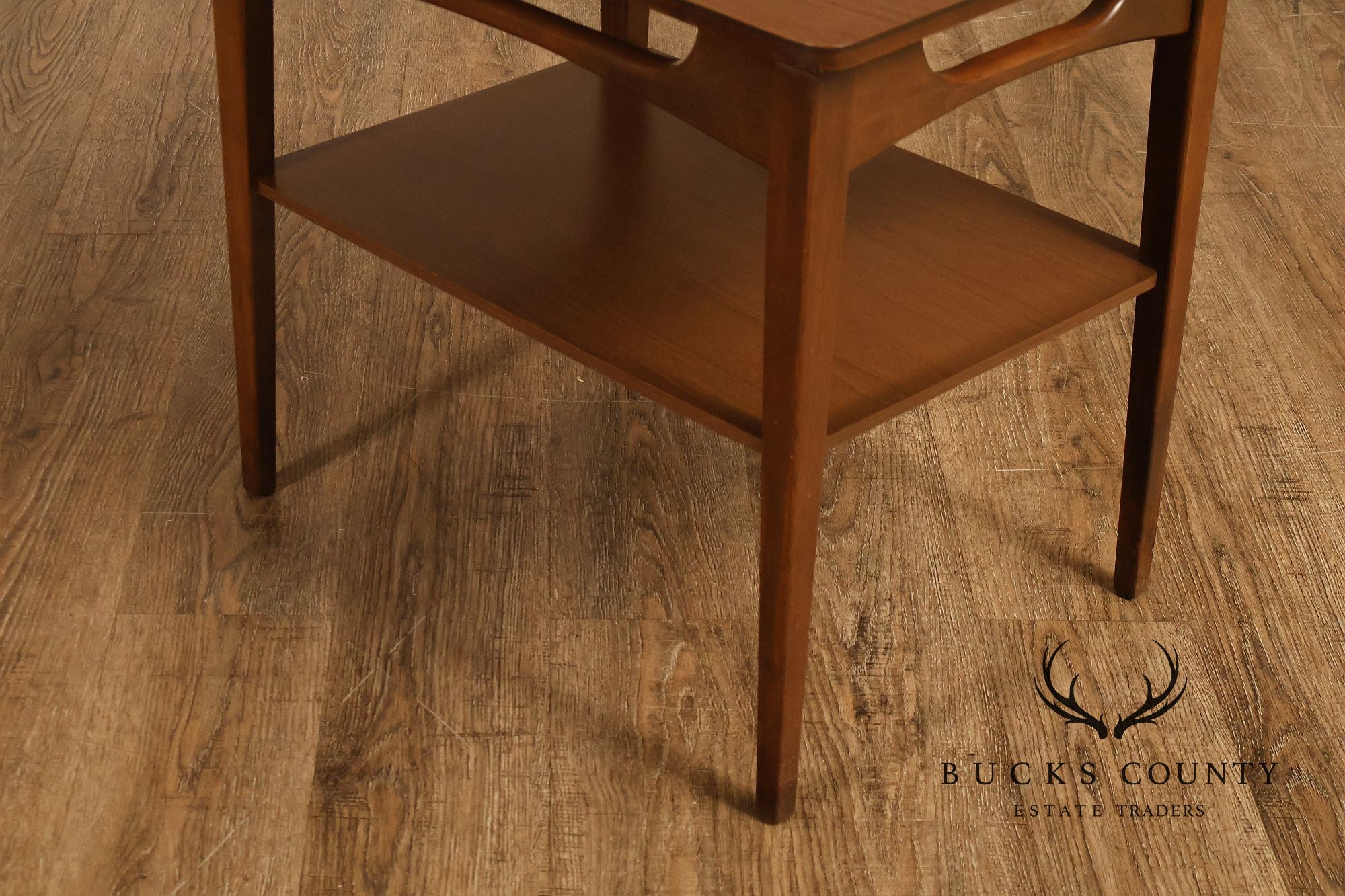 Mid-Century Modern Walnut Two-Tier End Table With Sculpted Apron Detail