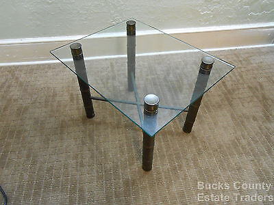 Vintage MidCentury Hollywood Regency Faux Bamboo Brass Based Glass Top End Table