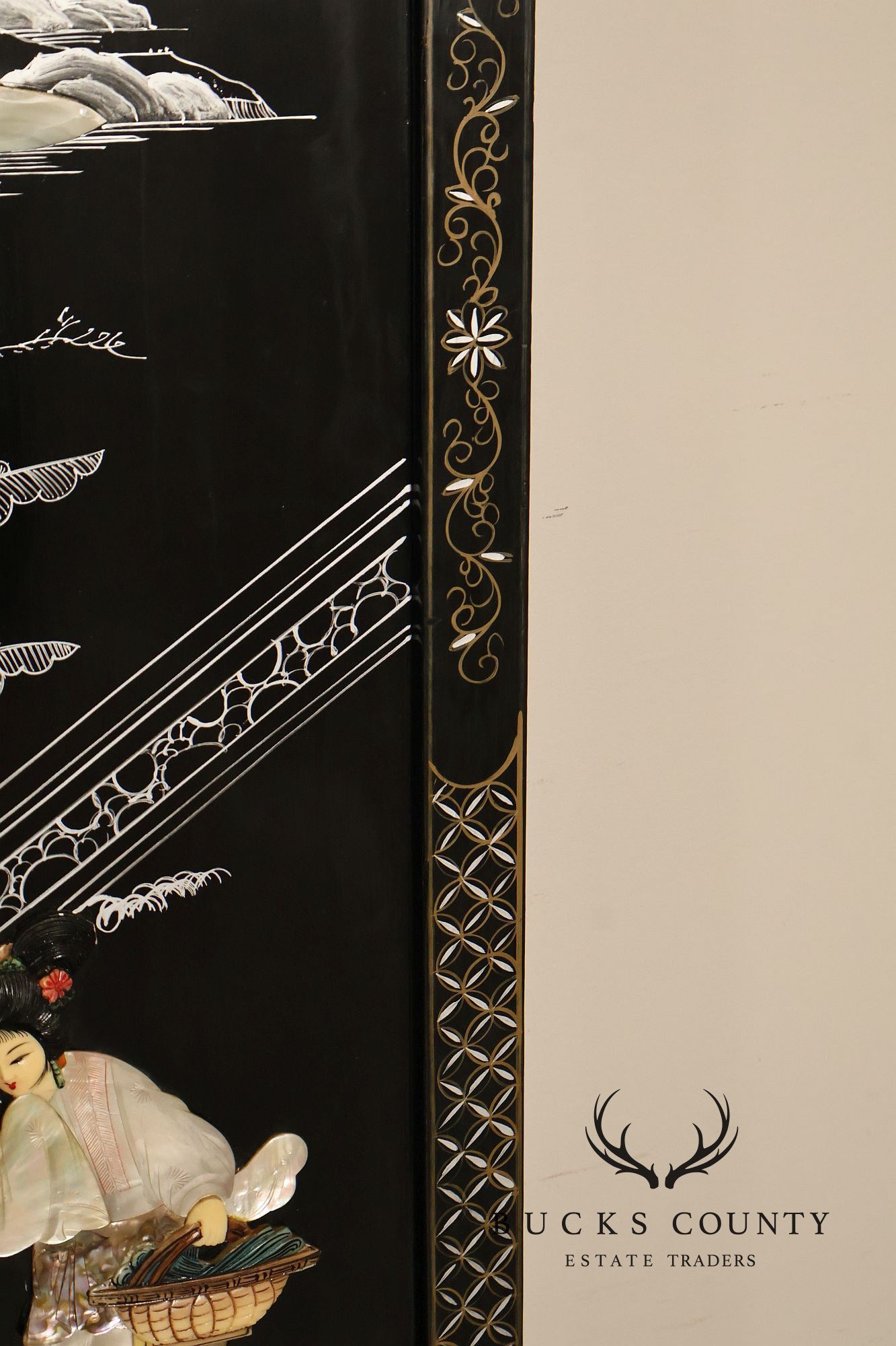 Asian Black Lacquer Vintage Pair Of Four Panel Folding Screens With Mother Of Pearl Inlay