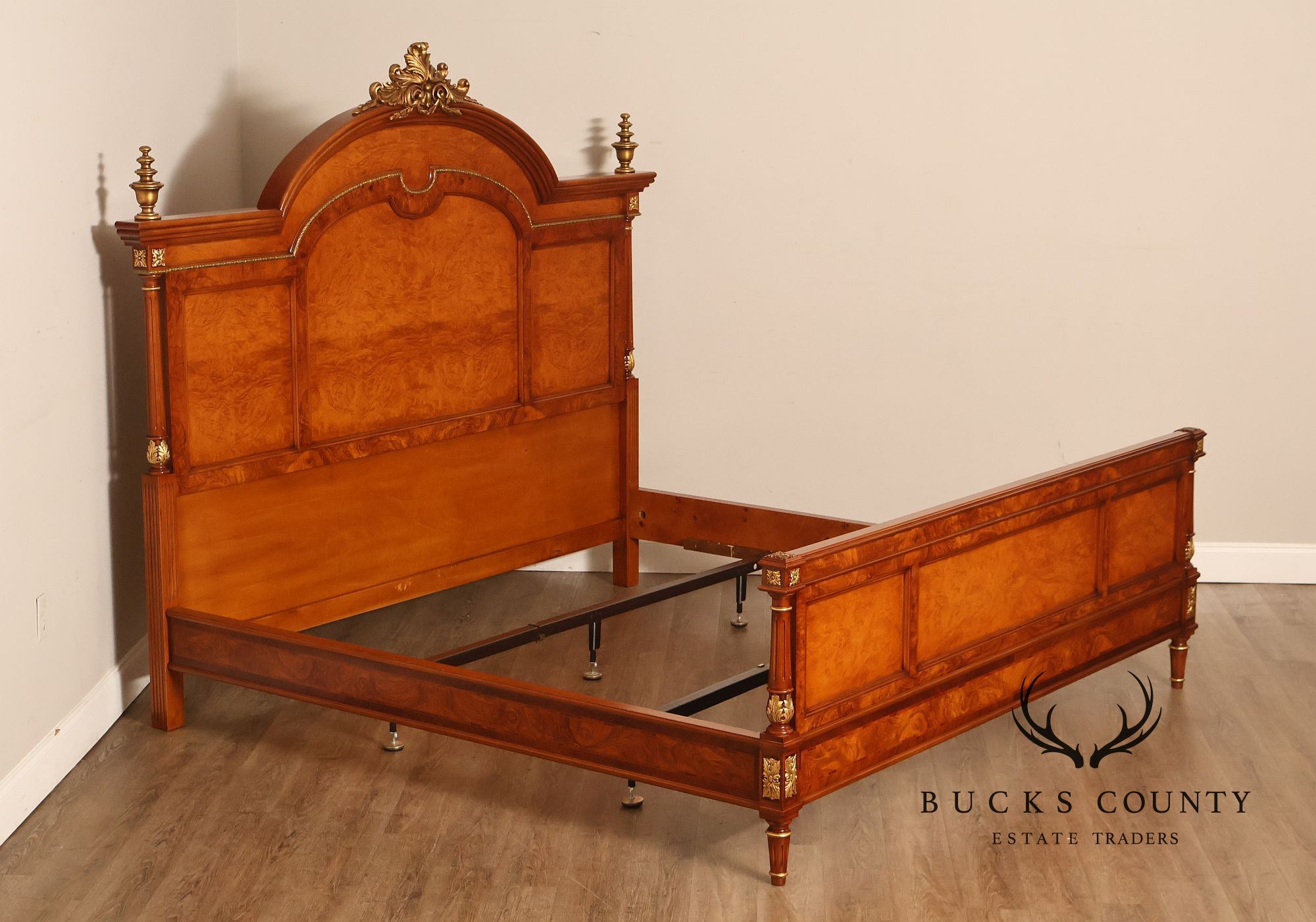 Quality Louis XVI Style Burlwood King Size High Back Bed