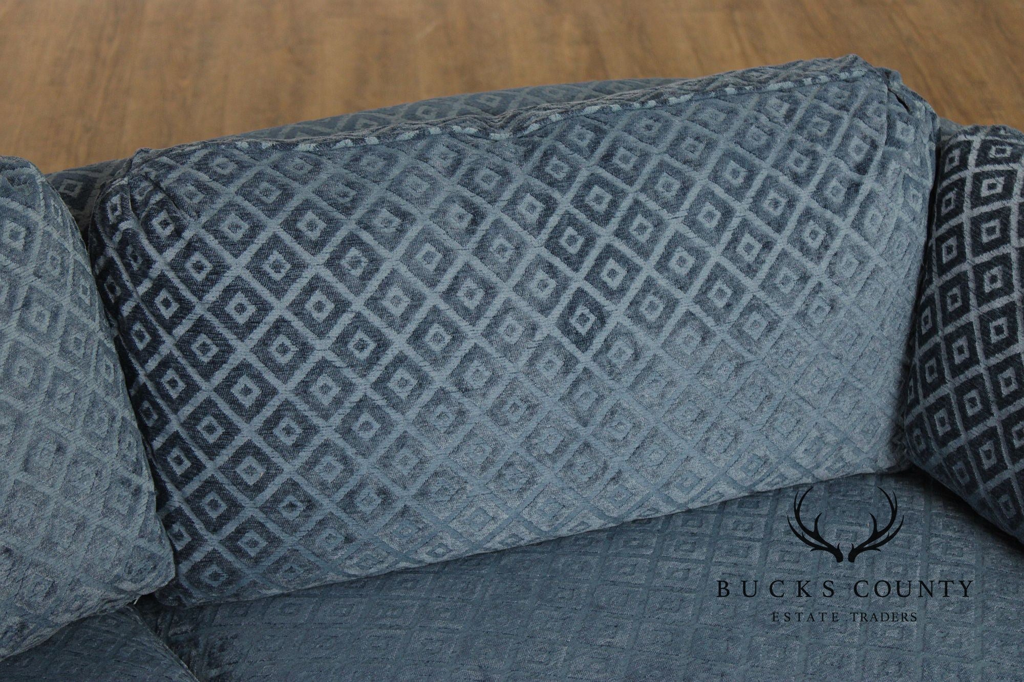 Custom Upholstered Blue Diamond Pattern Curved Loveseat