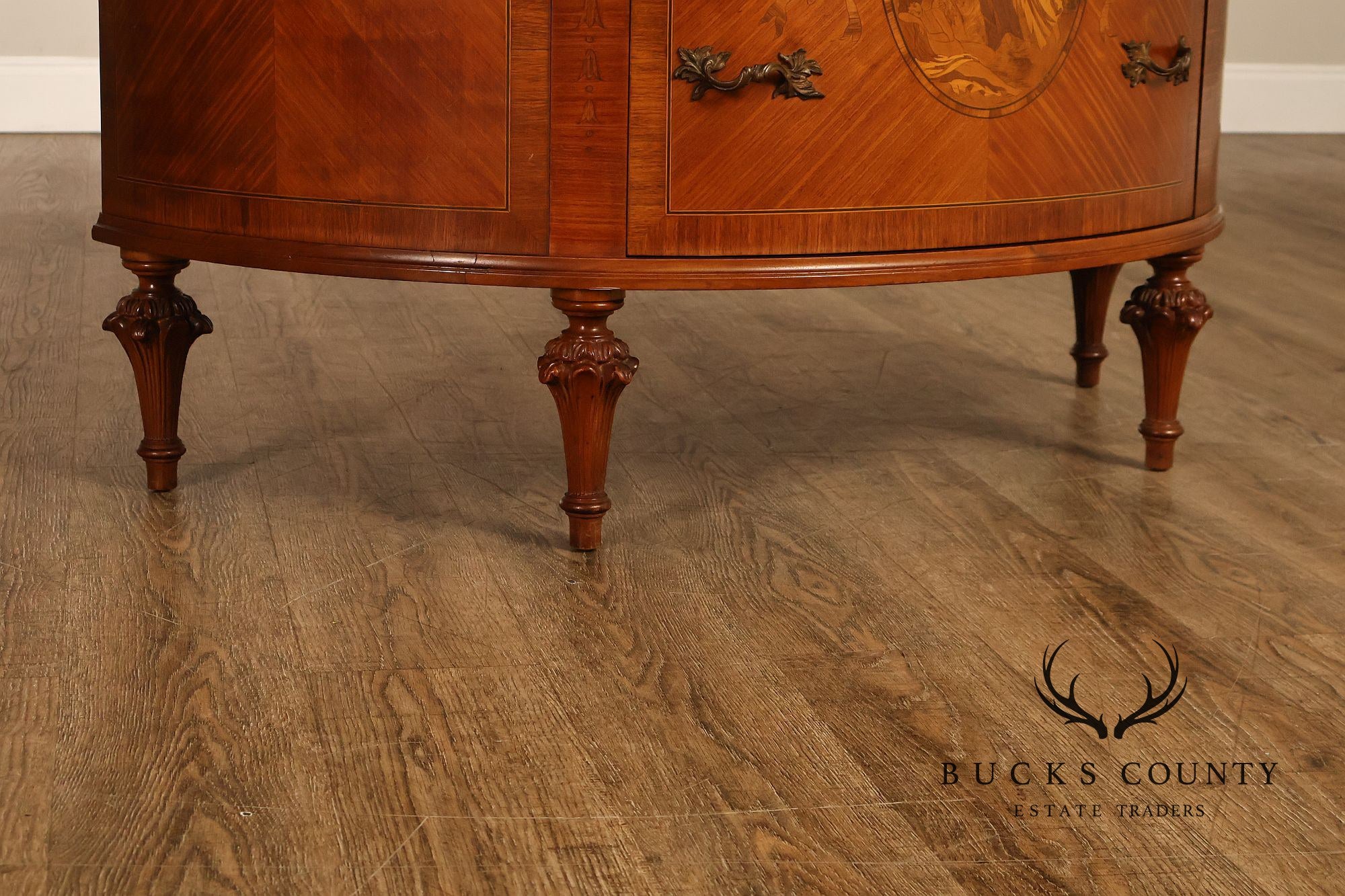 Antique French Louis XVI Neoclassical Inlaid Demilune Marble Top Commode