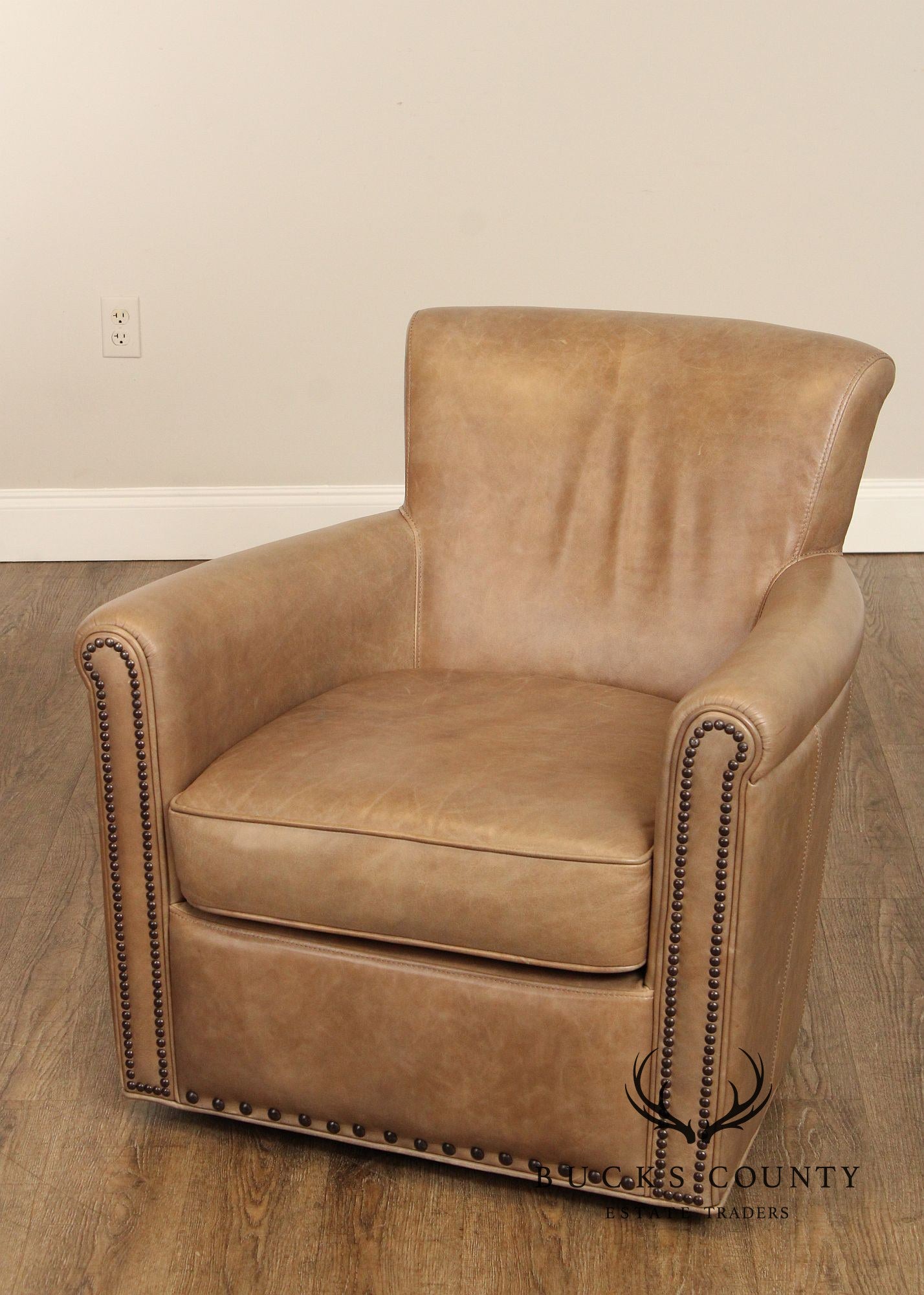 Pottery Barn Pair Of Leather Irving Roll Arm Swivel Chairs