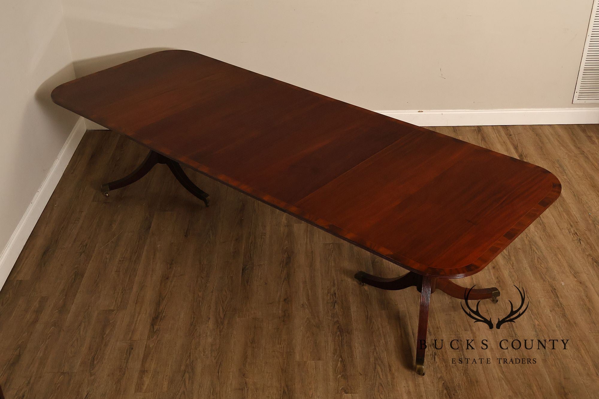 Regency Style Banded Mahogany Double Pedestal Dining Table With 2 Leaves