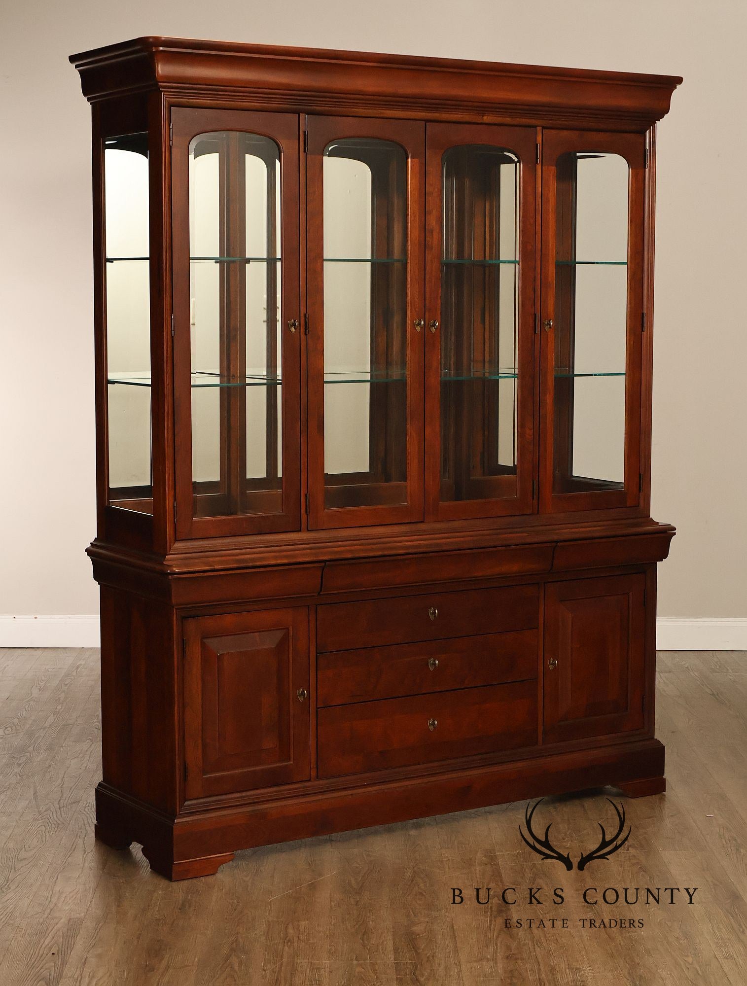 Pennsylvania House Louis Philippe Style Cherry Breakfront Lighted China Cabinet