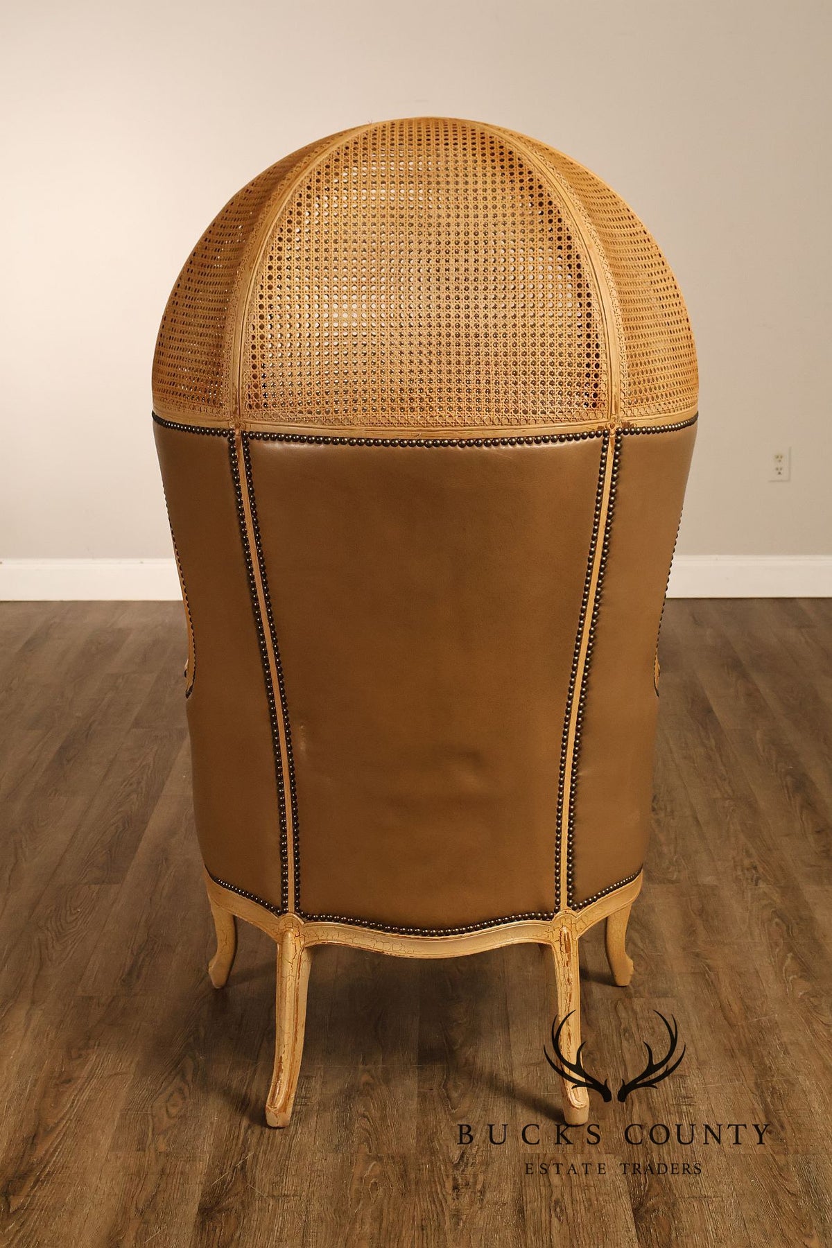 Old Hickory Tannery French Louis XV Style Pair Of Cane And Leather Hooded Porter Chairs