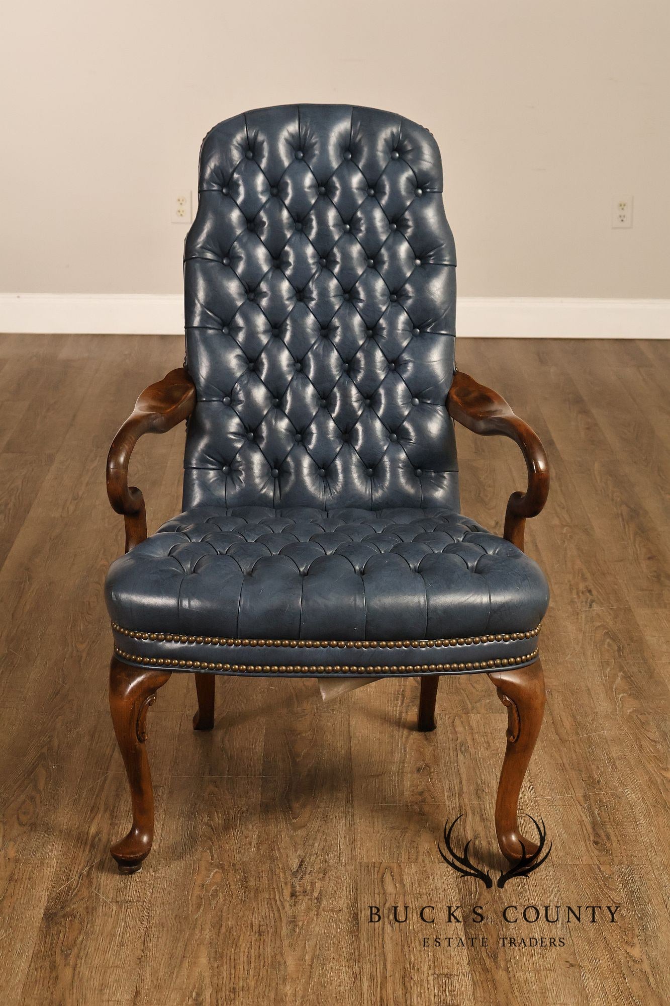 Ethan Allen Queen Anne Style Pair of Tufted Leather Library Armchairs