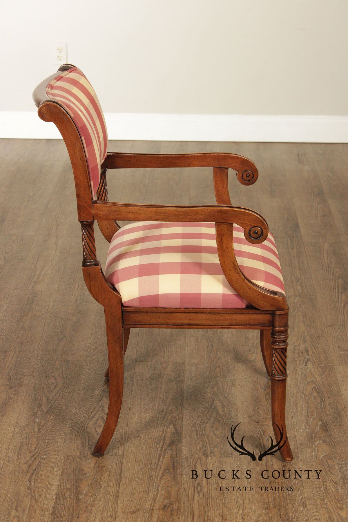 Guy Chaddock Set Of 4 Carved Wood Dining Armchairs In Scalamandré Check Fabric