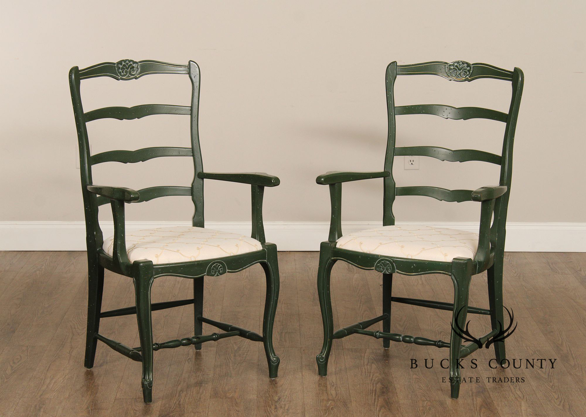 French Country Style Pair of Painted Ladderback Armchairs