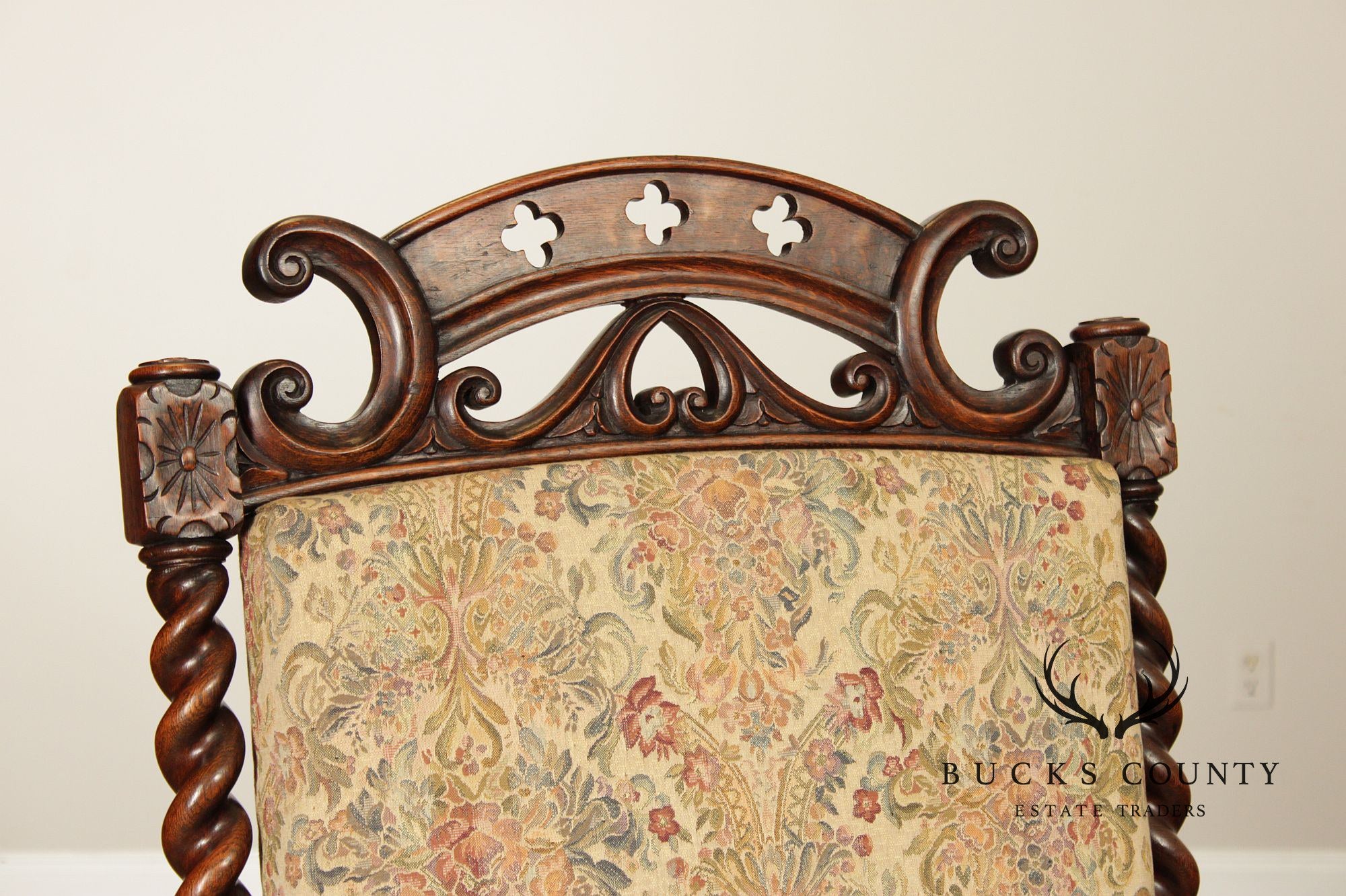 Antique Gothic Revival Barley Twist Carved Oak Throne Chair