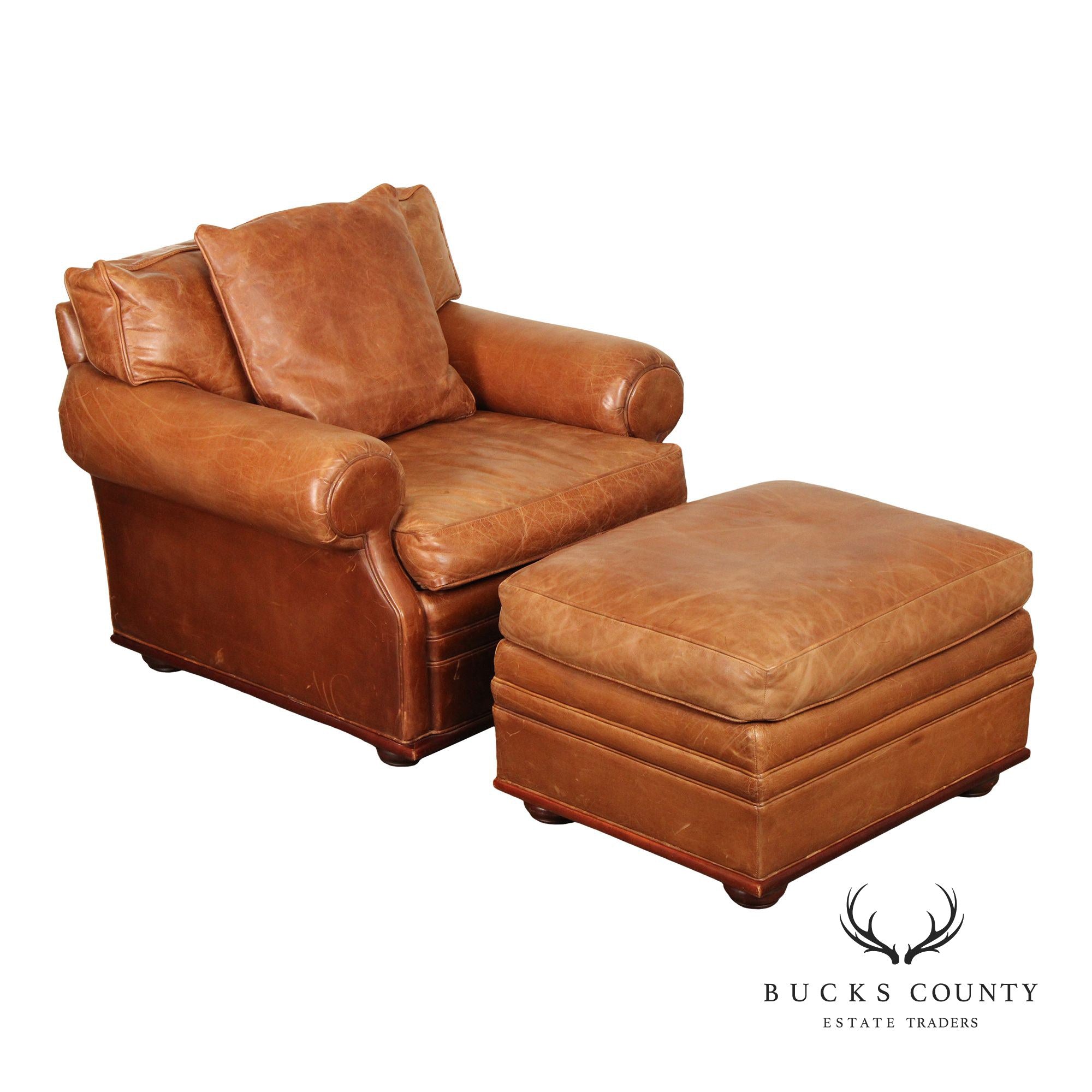 Polo Ralph Lauren Distressed Brown Leather Club Chair and Ottoman