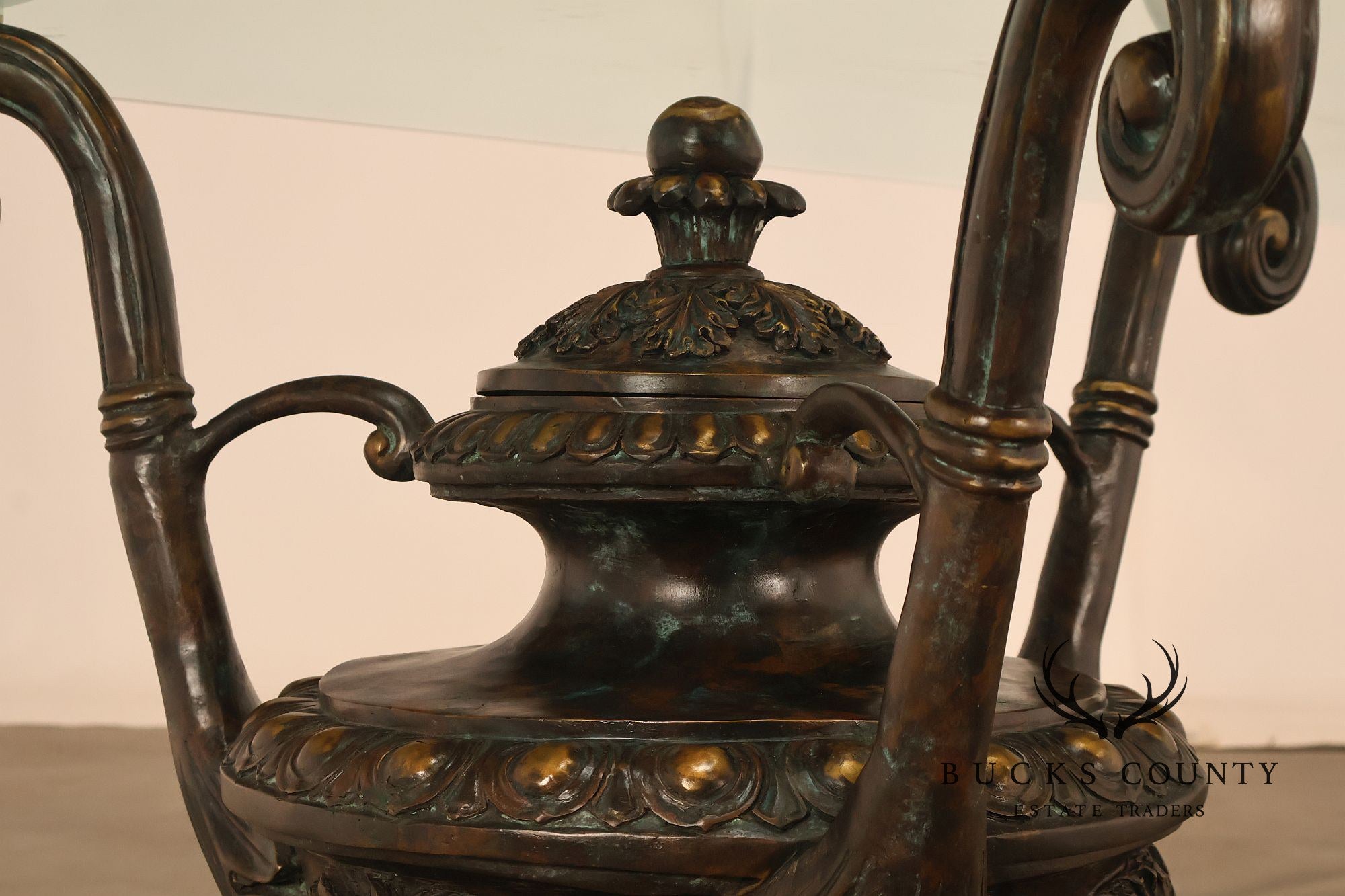 Monumental Brass Urn Form  Double Pedestal Glass Top Dining Table