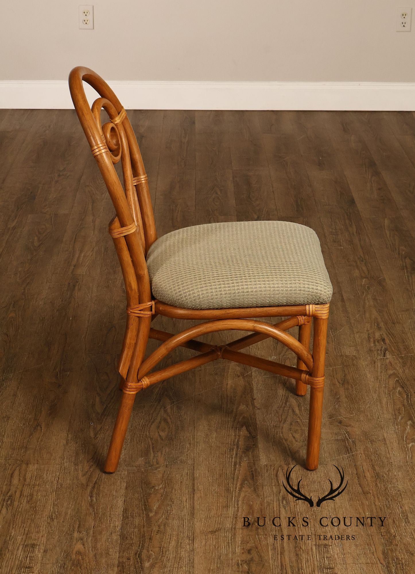 Coastal Style Pair Of Rattan Dining Chairs With Upholstered Seats