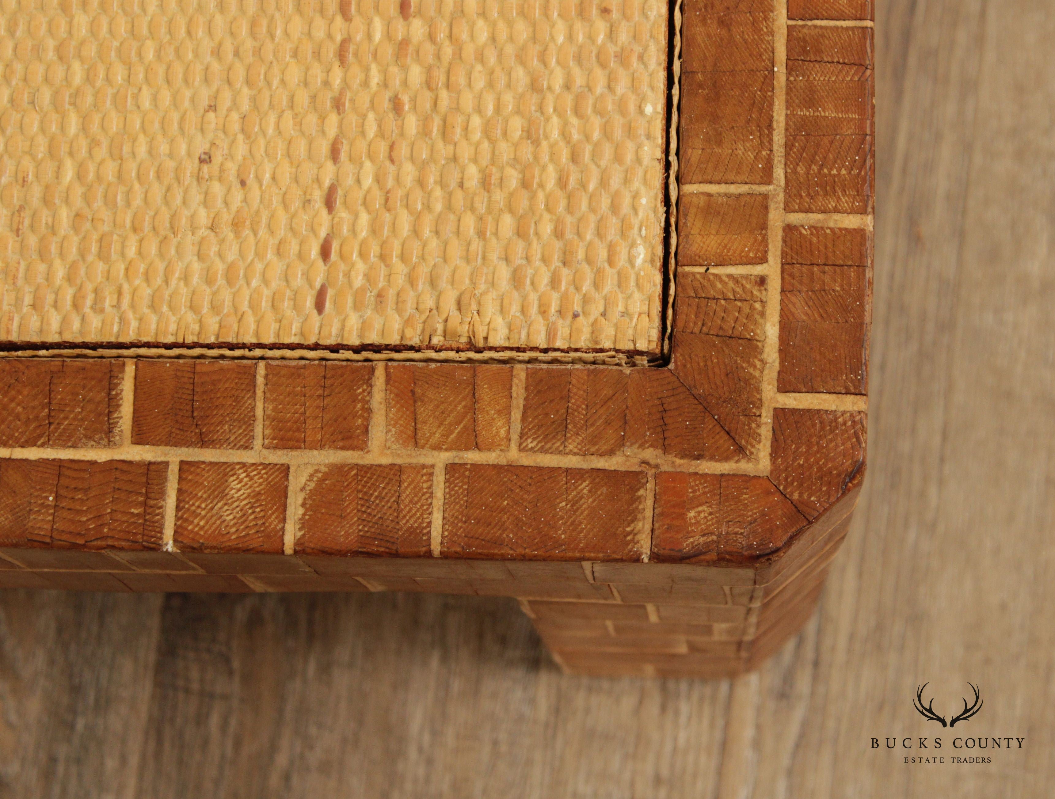 Mid Century Modern Wooden Block Carved Tile Parsons Coffee Table with Wicker Top